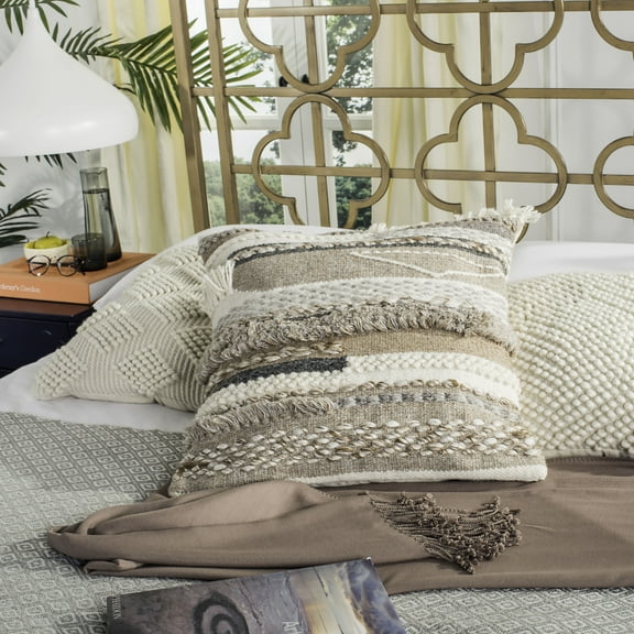 SAFAVIEH Demna Aztec Fringe Geometric Pillow, 20" x 20", Greige/Grey