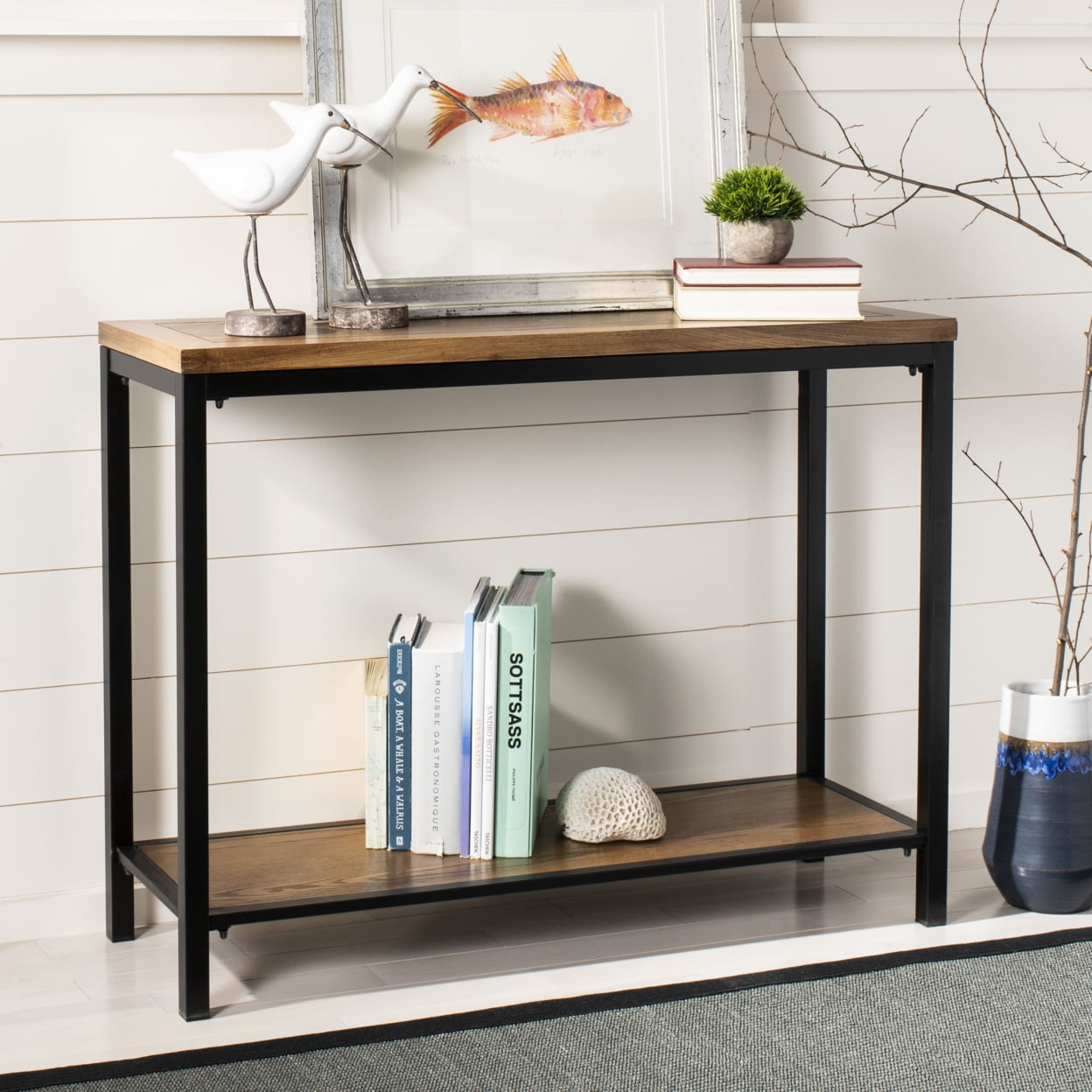 Dennis Brown Oak and Iron Rectangular Console Table with Storage