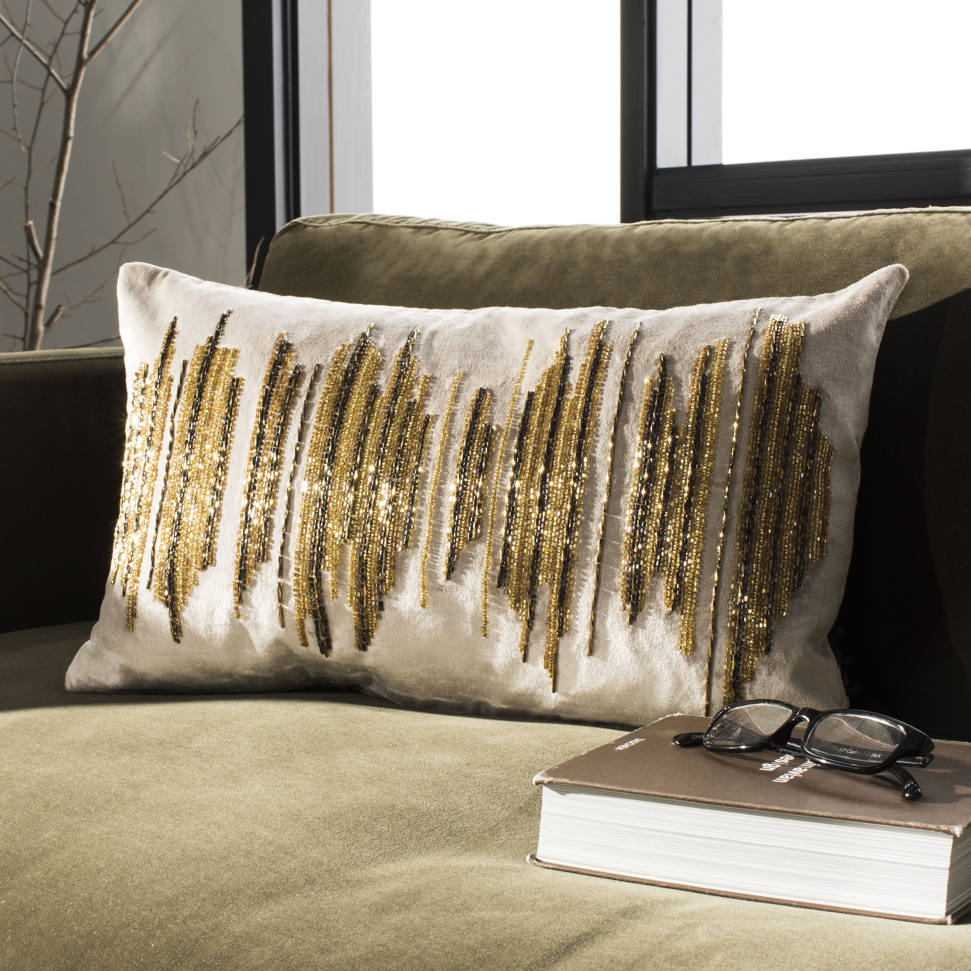 Beige and Gold 12" x 20" Embellished Pillow