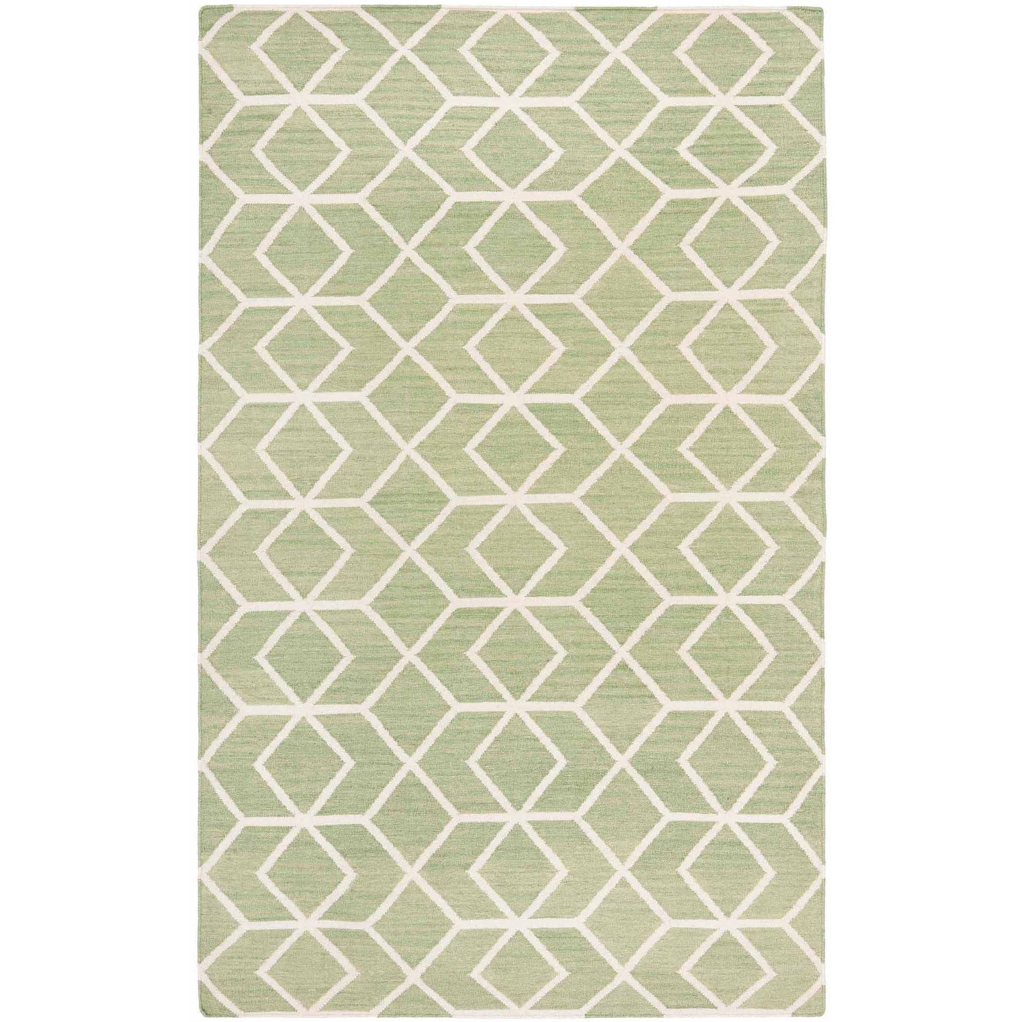 Sage and Ivory Geometric Wool Flat Woven Rug, 4' x 6'