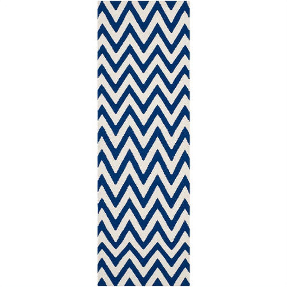 Handmade Dark Blue and Ivory Wool Geometric Runner Rug 2'-6" x 6'
