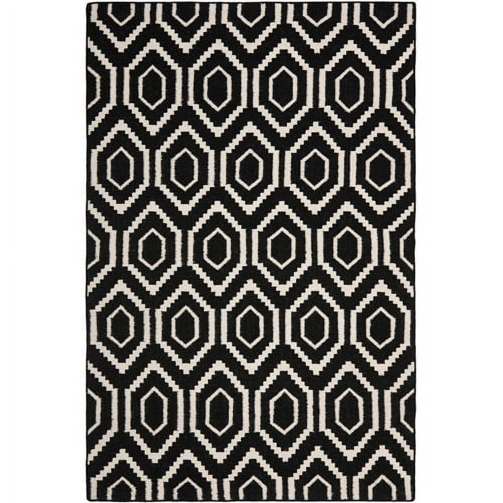 Black and Ivory Geometric Wool Flat Woven Area Rug, 5' x 8'