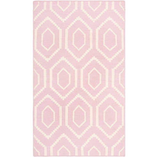 Pink and Ivory Geometric Wool Flat Weave Area Rug, 5' x 8'
