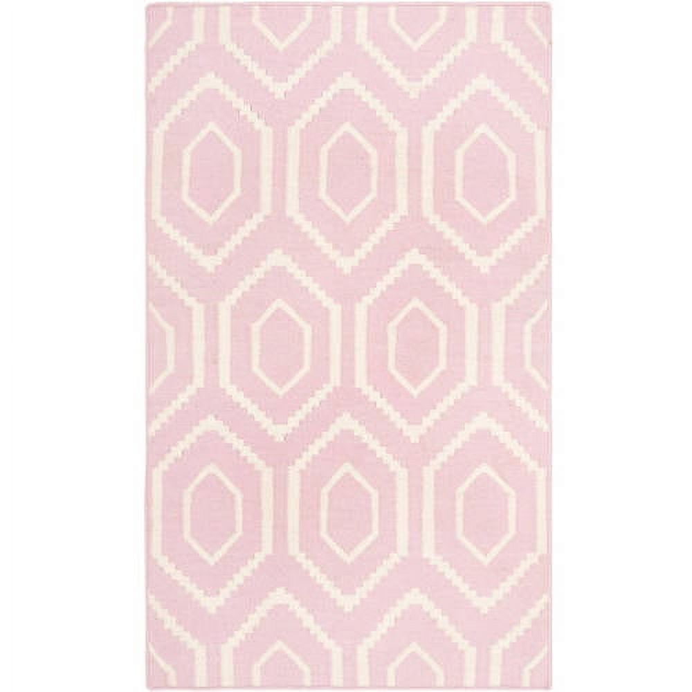 Pink and Ivory Geometric Wool Flat Weave Area Rug, 5' x 8'