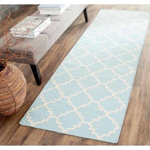 SAFAVIEH Dhurrie Brad Geometric Moroccan Wool Runner Rug, Light Blue