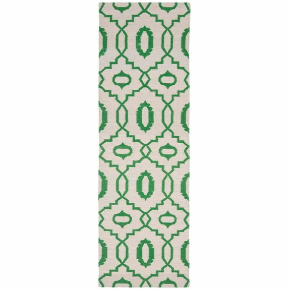 SAFAVIEH Dhurrie Guliana Geometric Moroccan Wool Runner Rug, Ivory/Green, 2'6" x 10'