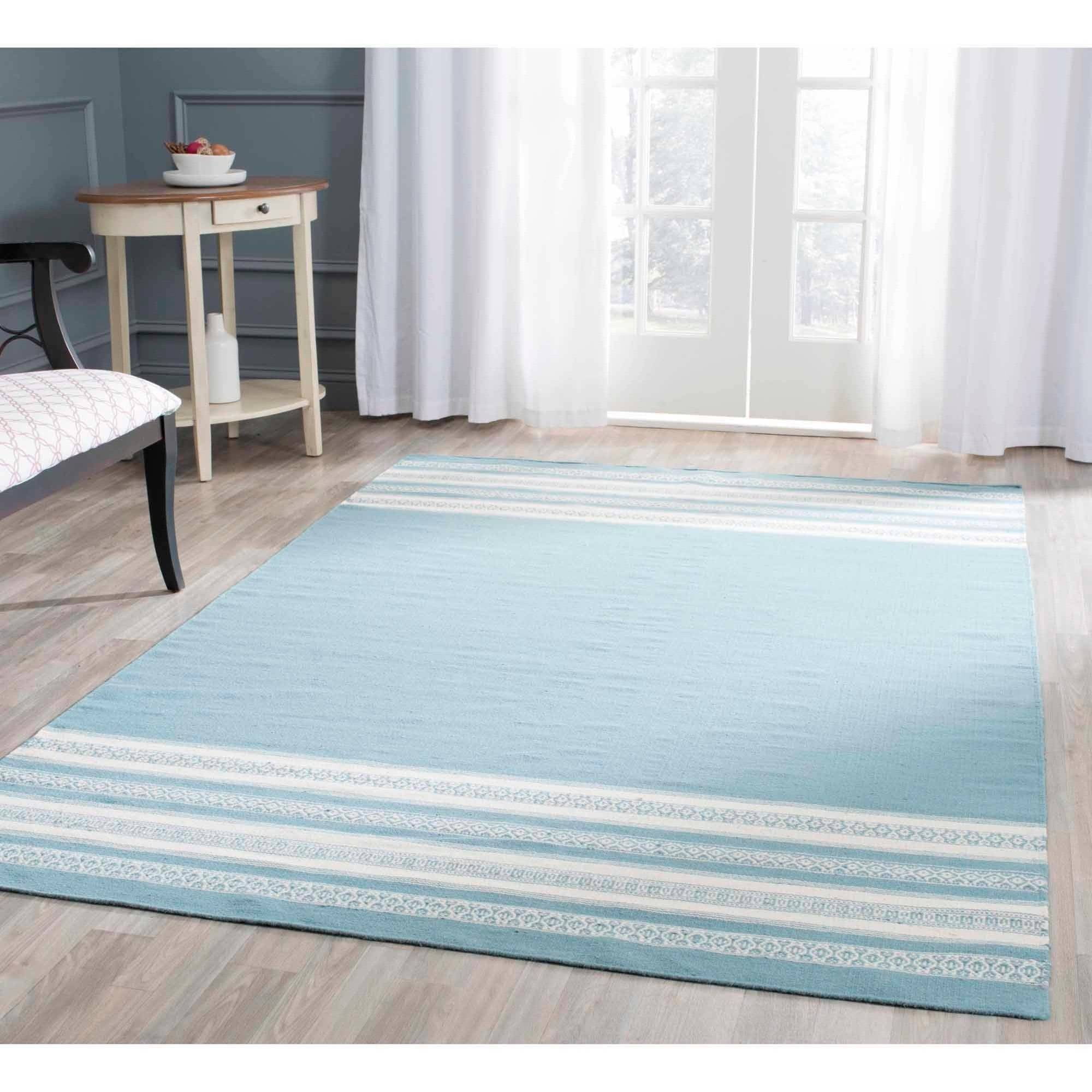 Turquoise and White Handmade Wool Flat Woven Area Rug, 4' x 6'