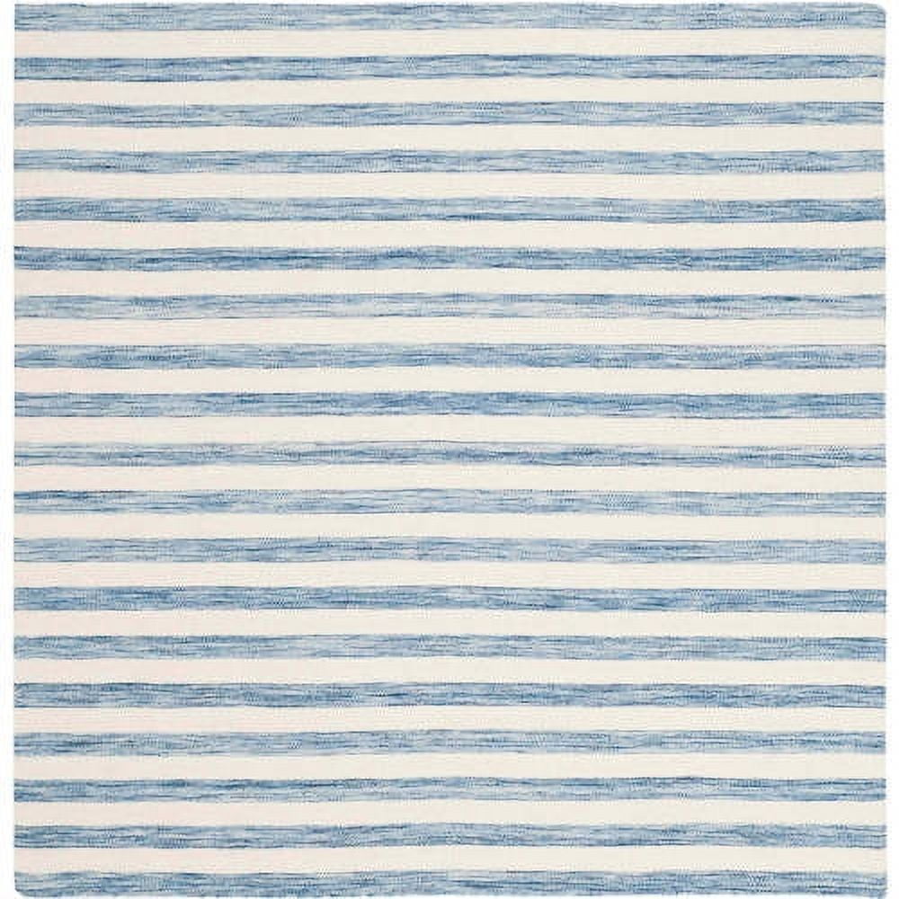 Handmade Blue and Ivory Wool Striped Square Rug