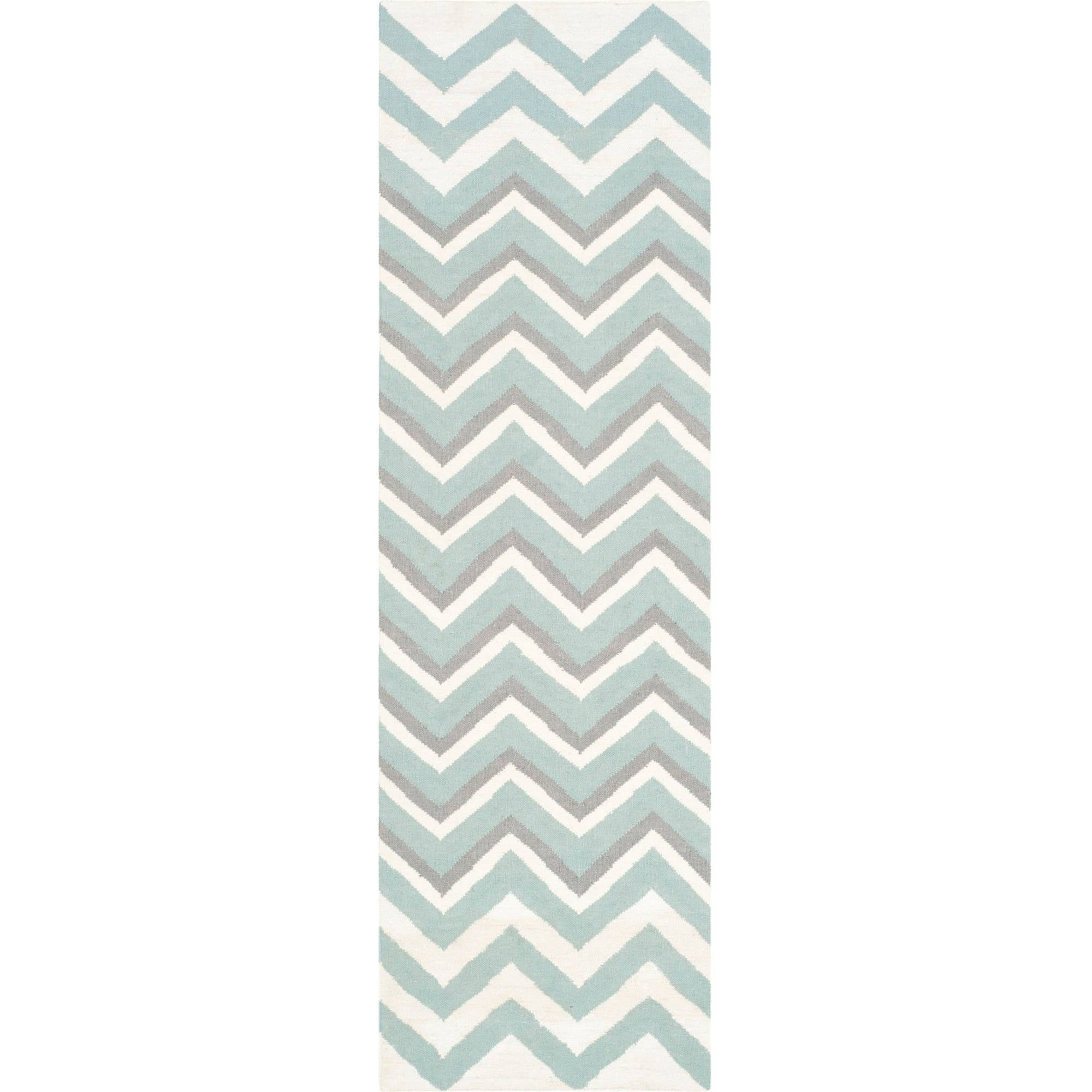 Blue and White Geometric Wool Runner Rug, 2'6" x 8'