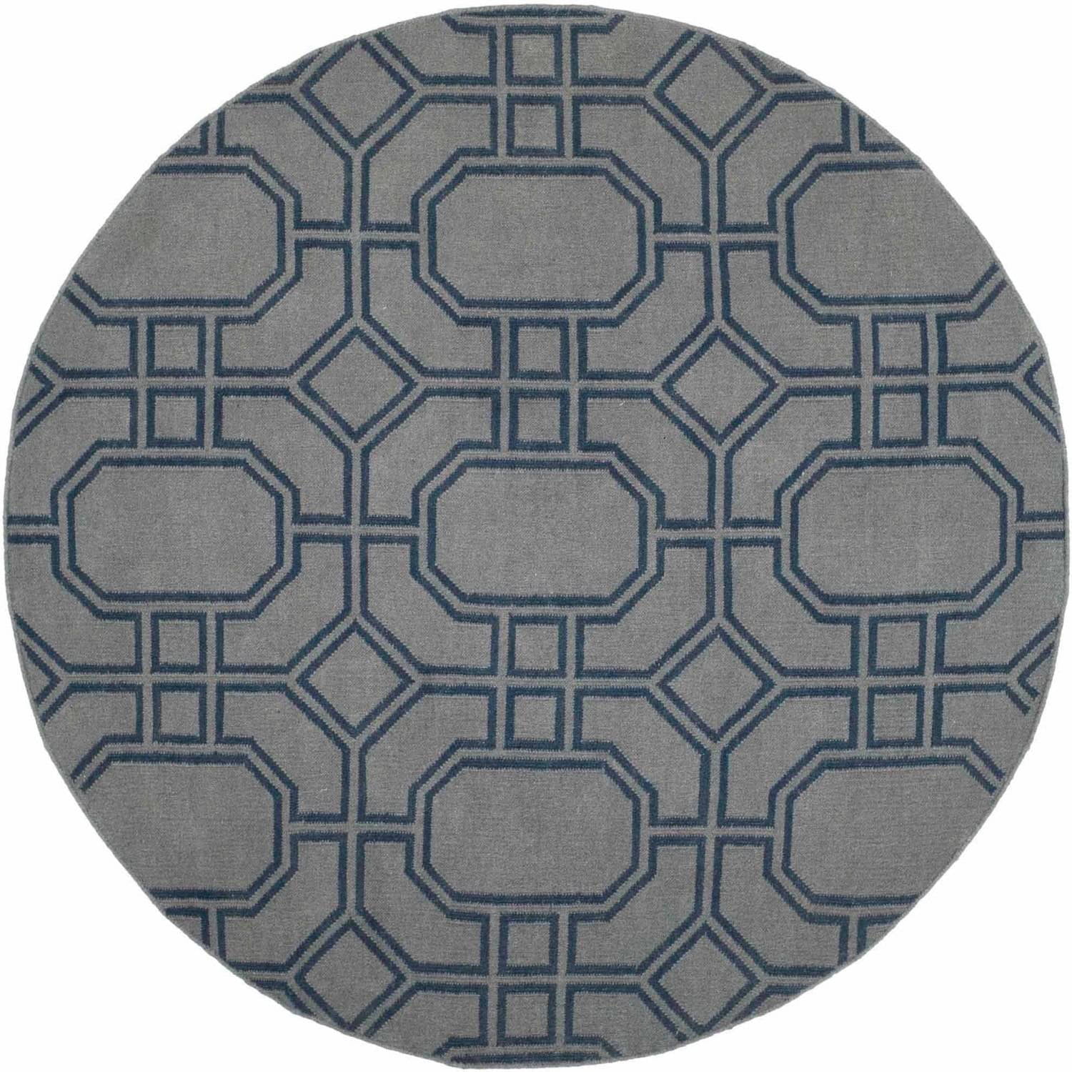Grey and Dark Blue Geometric Wool Round Rug, 6' x 6'