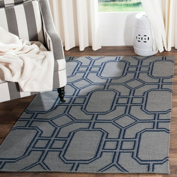 SAFAVIEH Dhurrie Sebastian Geometric Wool Area Rug, Grey/Dark Blue, 9' x 12'