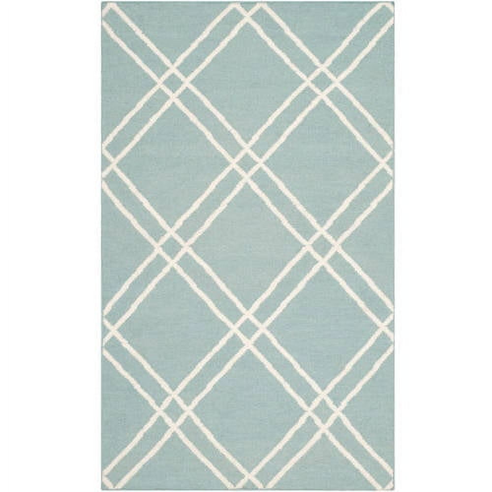 Light Blue and Ivory Geometric Wool Flat Weave Rug, 3' x 5'