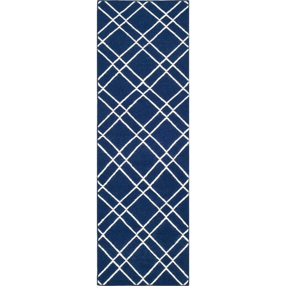 SAFAVIEH Dhurrie Skyler Geometric Diamonds Wool Runner Rug, Navy/Ivory, 2'6" x 8'
