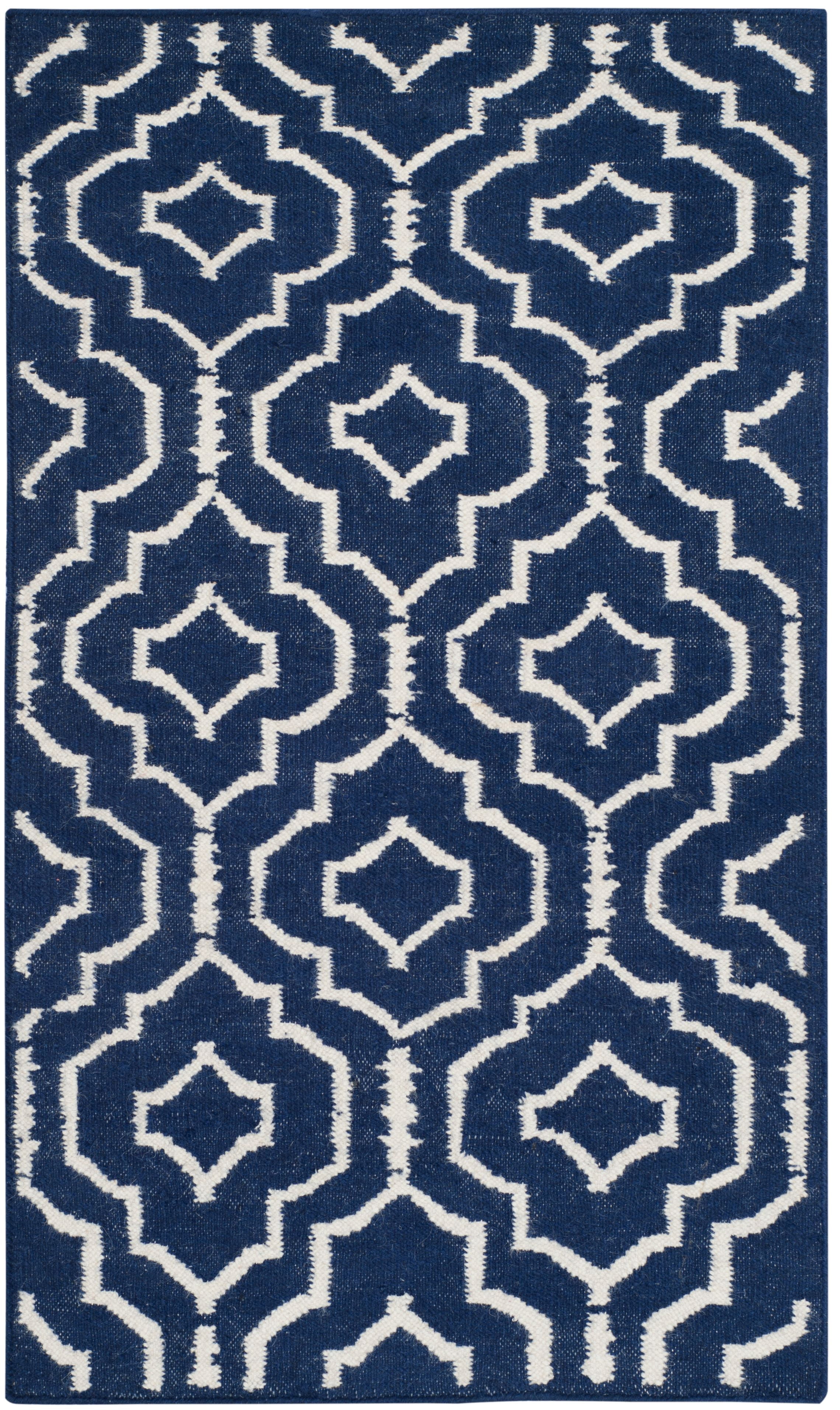 Navy and Ivory Geometric Wool Flat Woven Area Rug