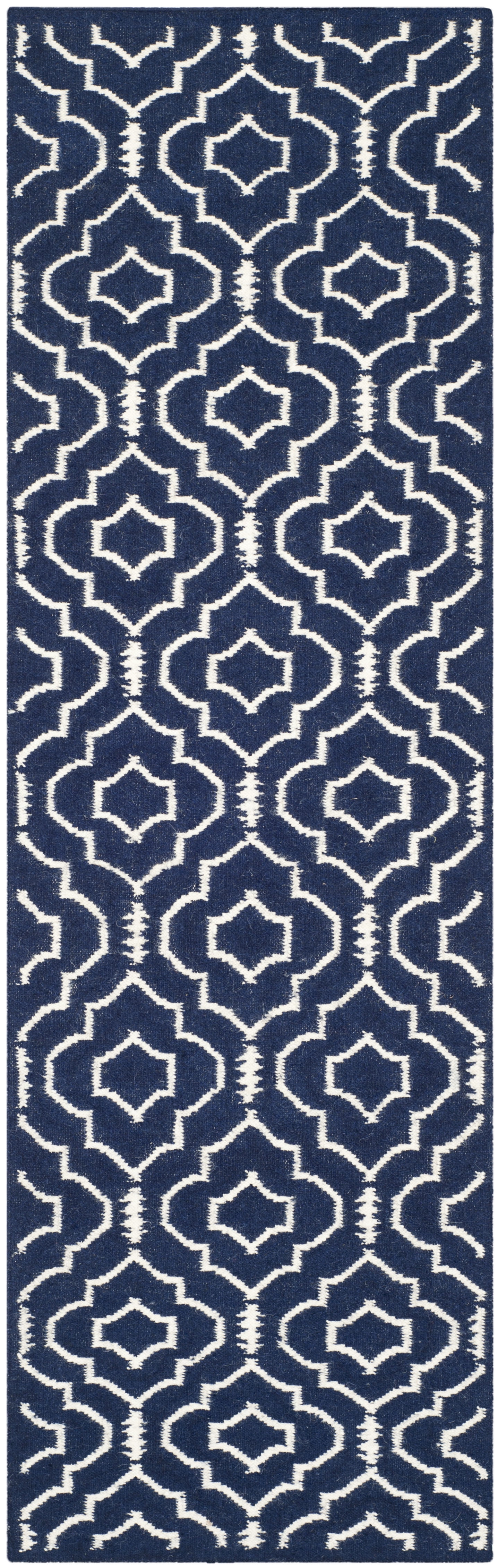 Navy and Ivory Geometric Wool Flat Weave Runner Rug