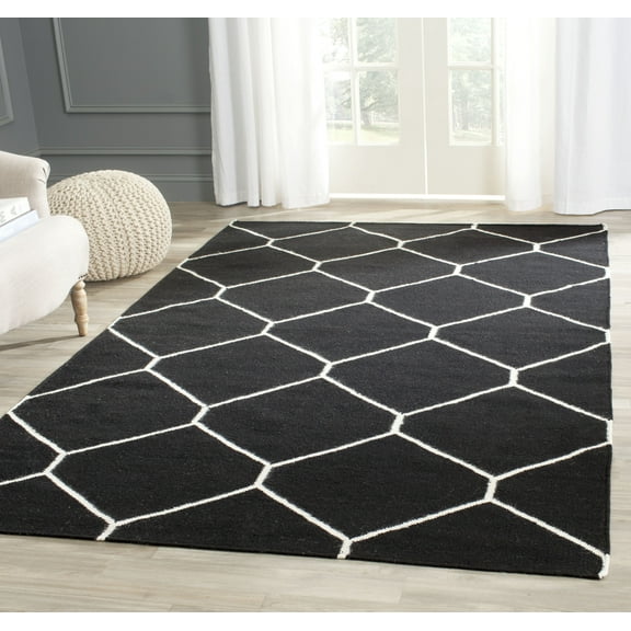 SAFAVIEH Dhurrie Solomon Geometric Moroccan Wool Area Rug, Black/Ivory, 9' x 12'
