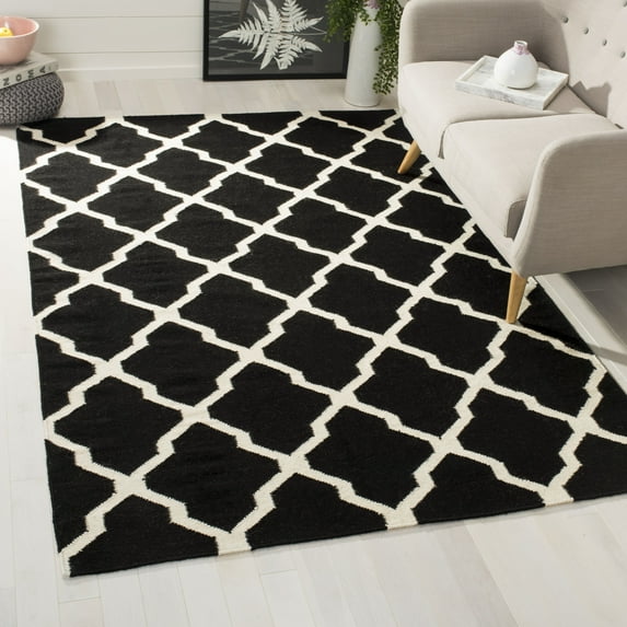 SAFAVIEH Dhurrie Tabitha Geometric Moroccan Wool Area Rug, Black/Ivory, 6' x 6' Square