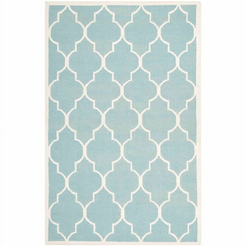 Light Blue and Ivory Wool Geometric Square Rug