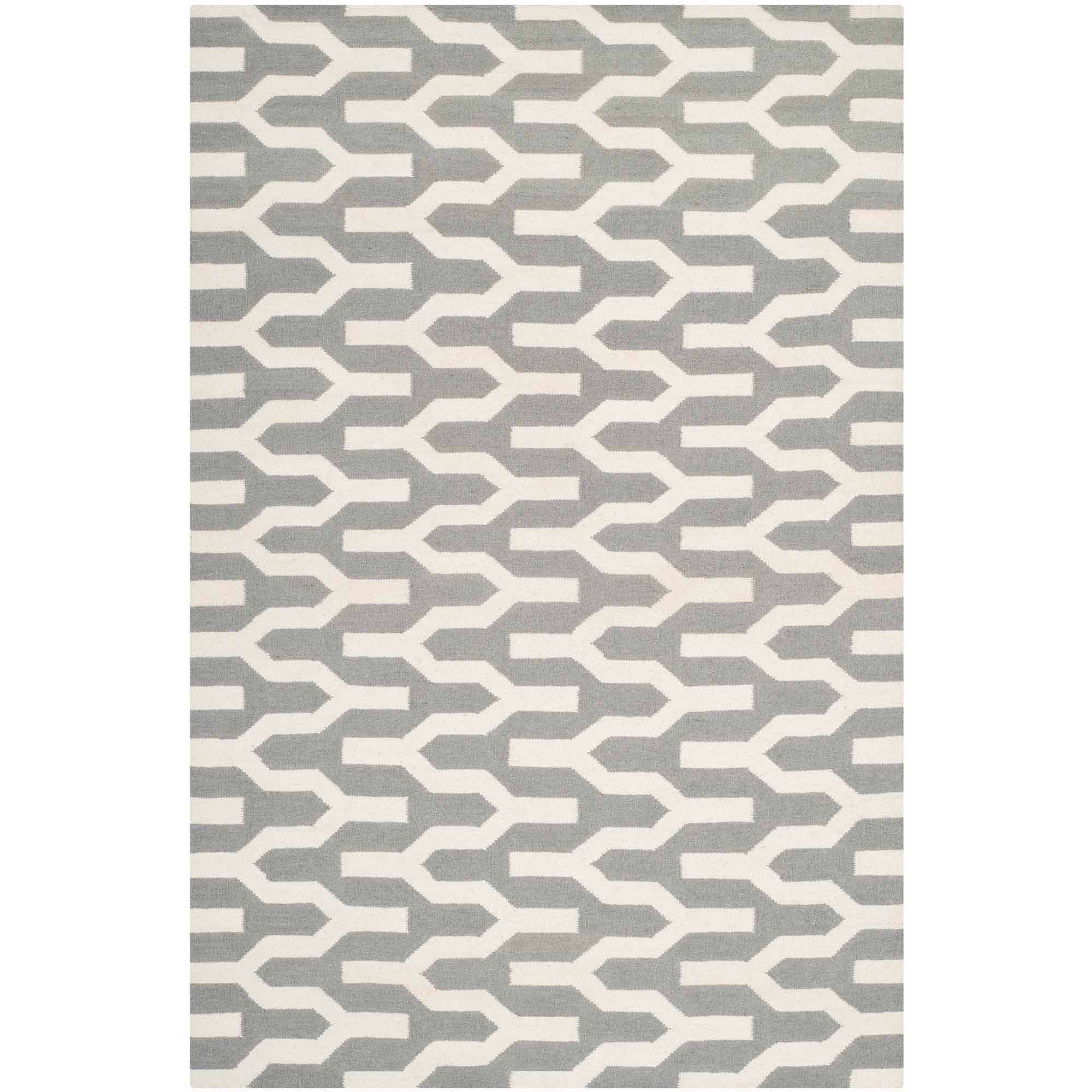 Ivory and Silver Geometric Wool Flat Woven Rug, 5' x 8'