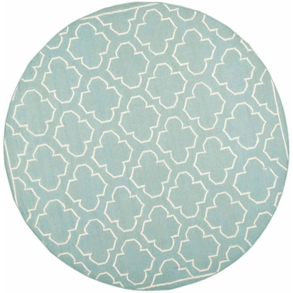 SAFAVIEH Dhurrie Walter Geometric Moroccan Wool Area Rug, Blue/Ivory, 7' x 7' Round