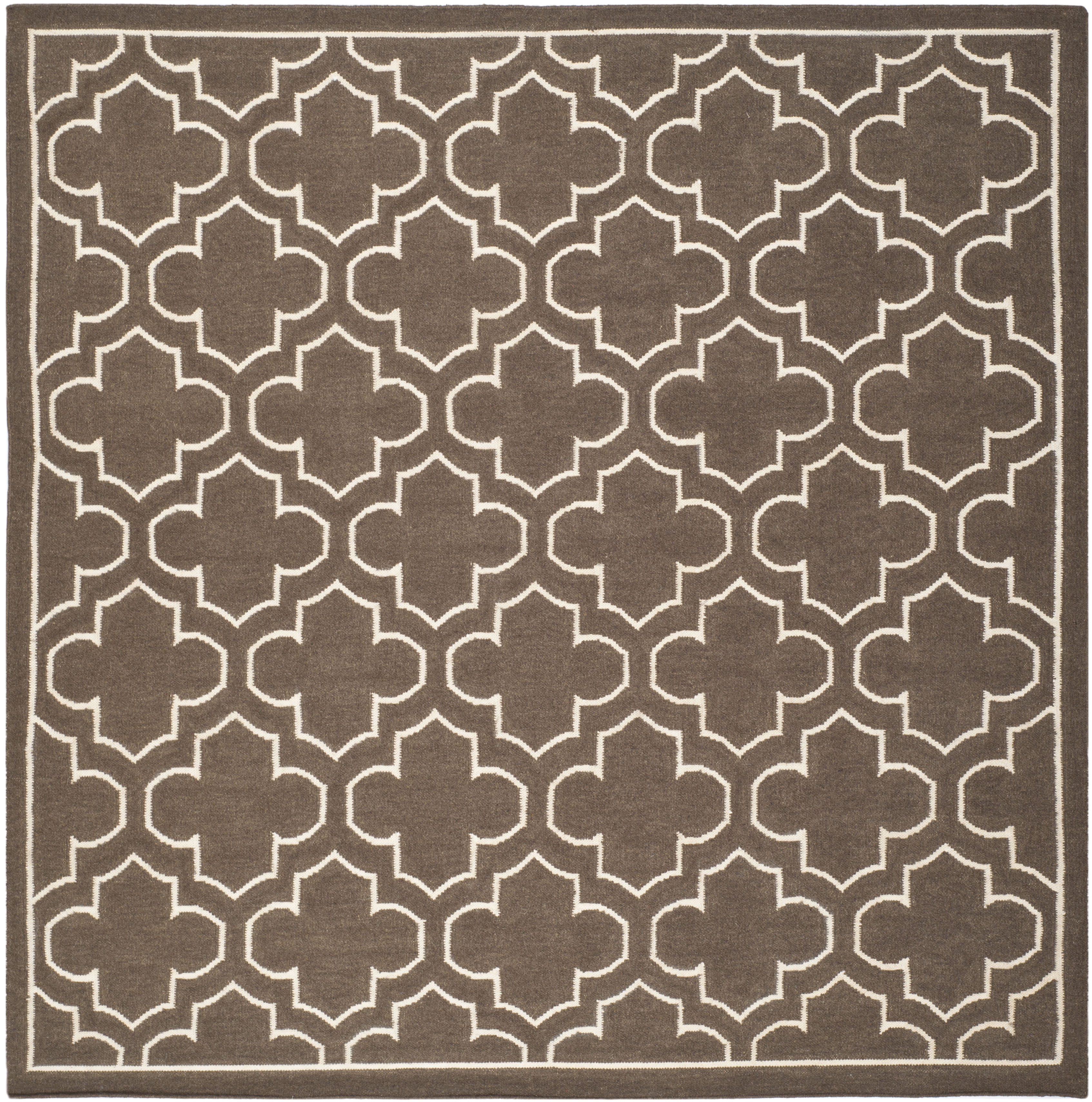 Ivory and Brown Geometric Handwoven Wool Square Rug, 7' x 7'