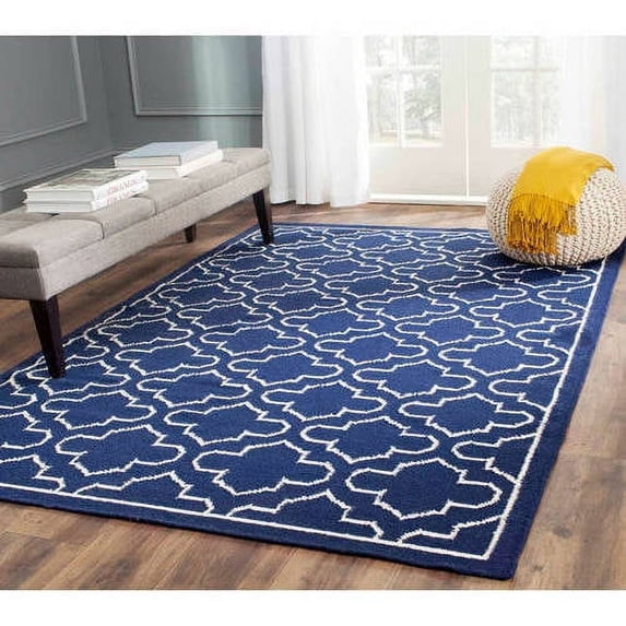 SAFAVIEH Dhurrie Walter Geometric Moroccan Wool Area Rug, Navy/Ivory, 9' x 12'