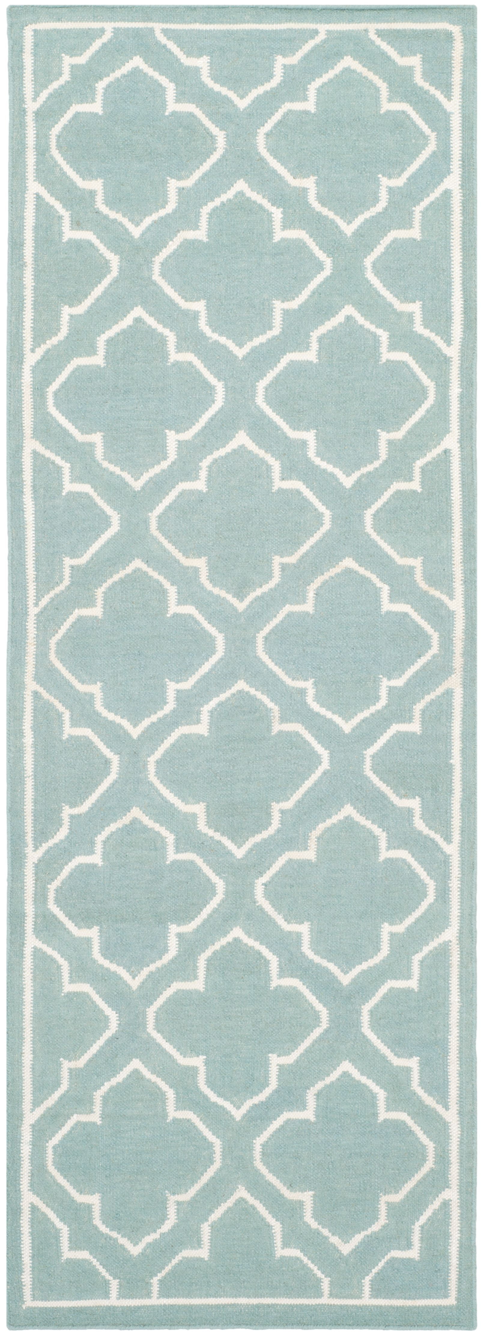 Blue and Ivory Handwoven Wool Geometric Runner Rug