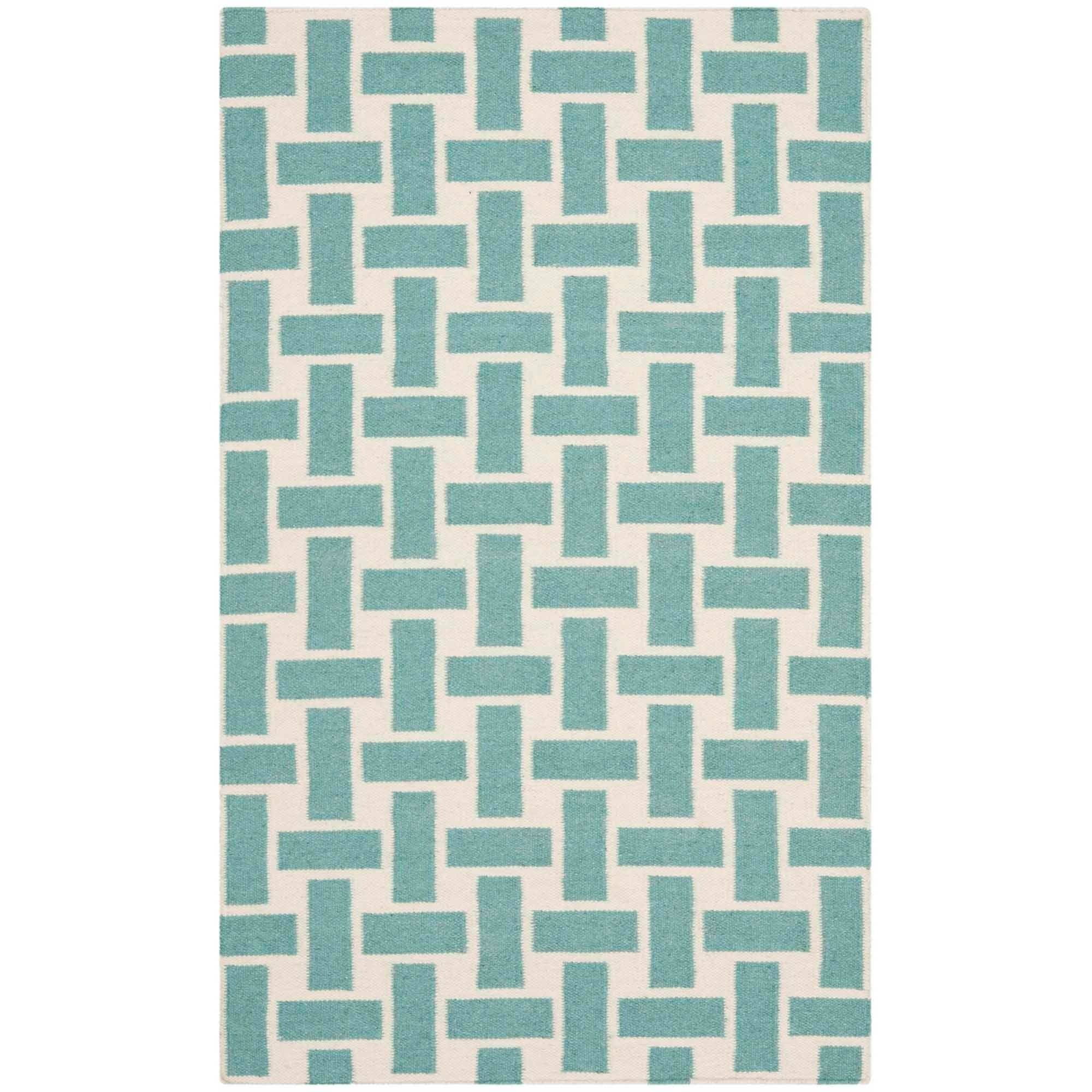 Handwoven Turquoise & Ivory Geometric Wool Area Rug, 3' x 5'