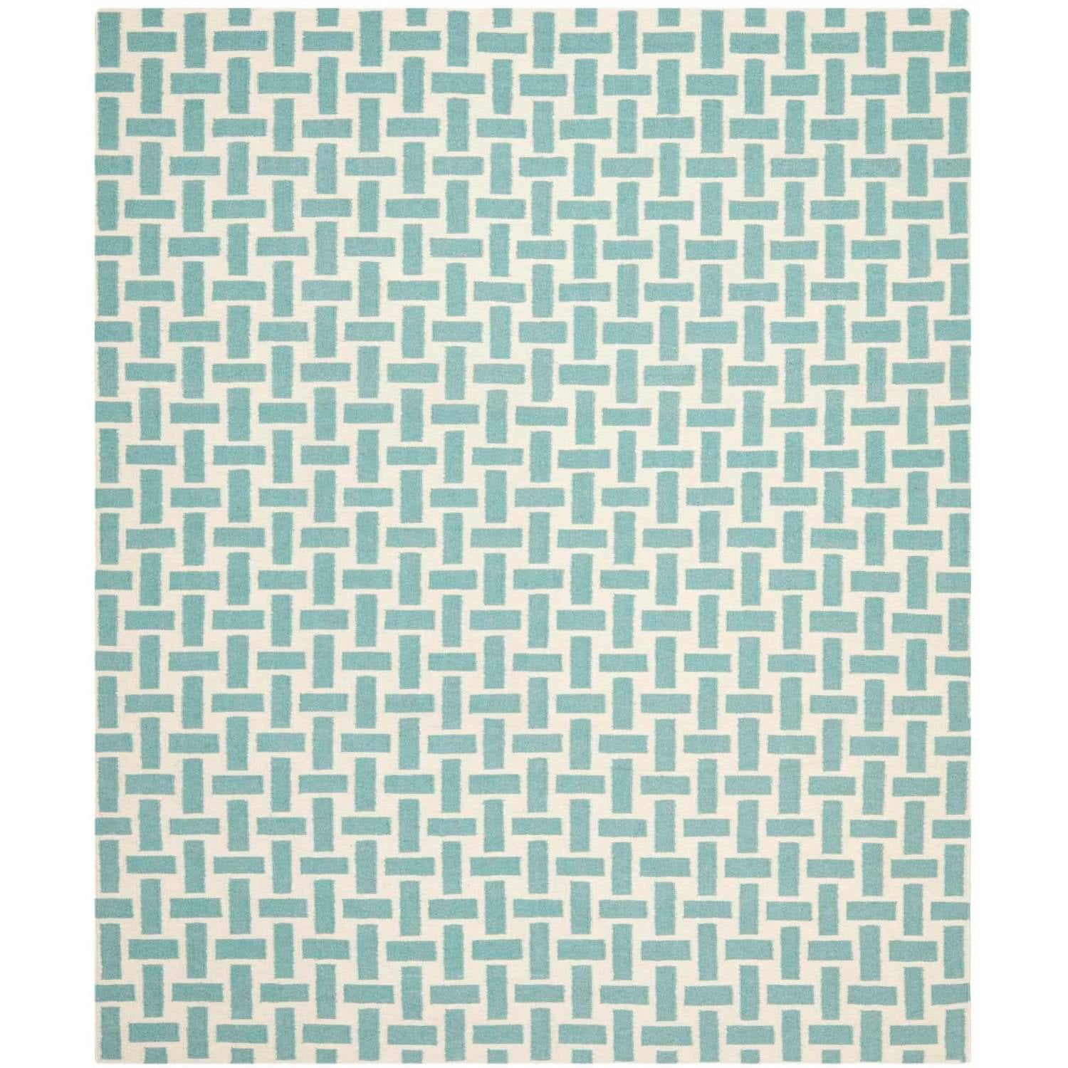 Handwoven Geometric Green and Ivory Wool Area Rug, 8' x 10'