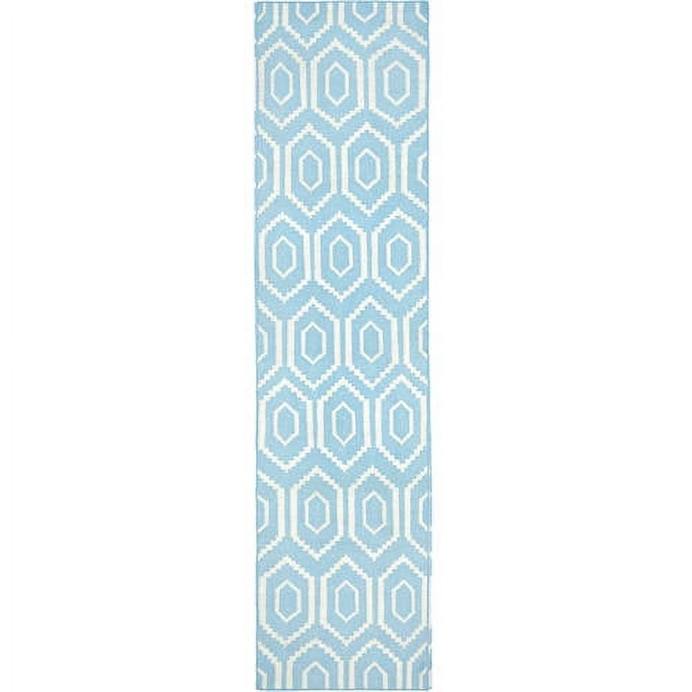 Blue and Ivory Geometric Wool Runner Rug, 2'6" x 8'