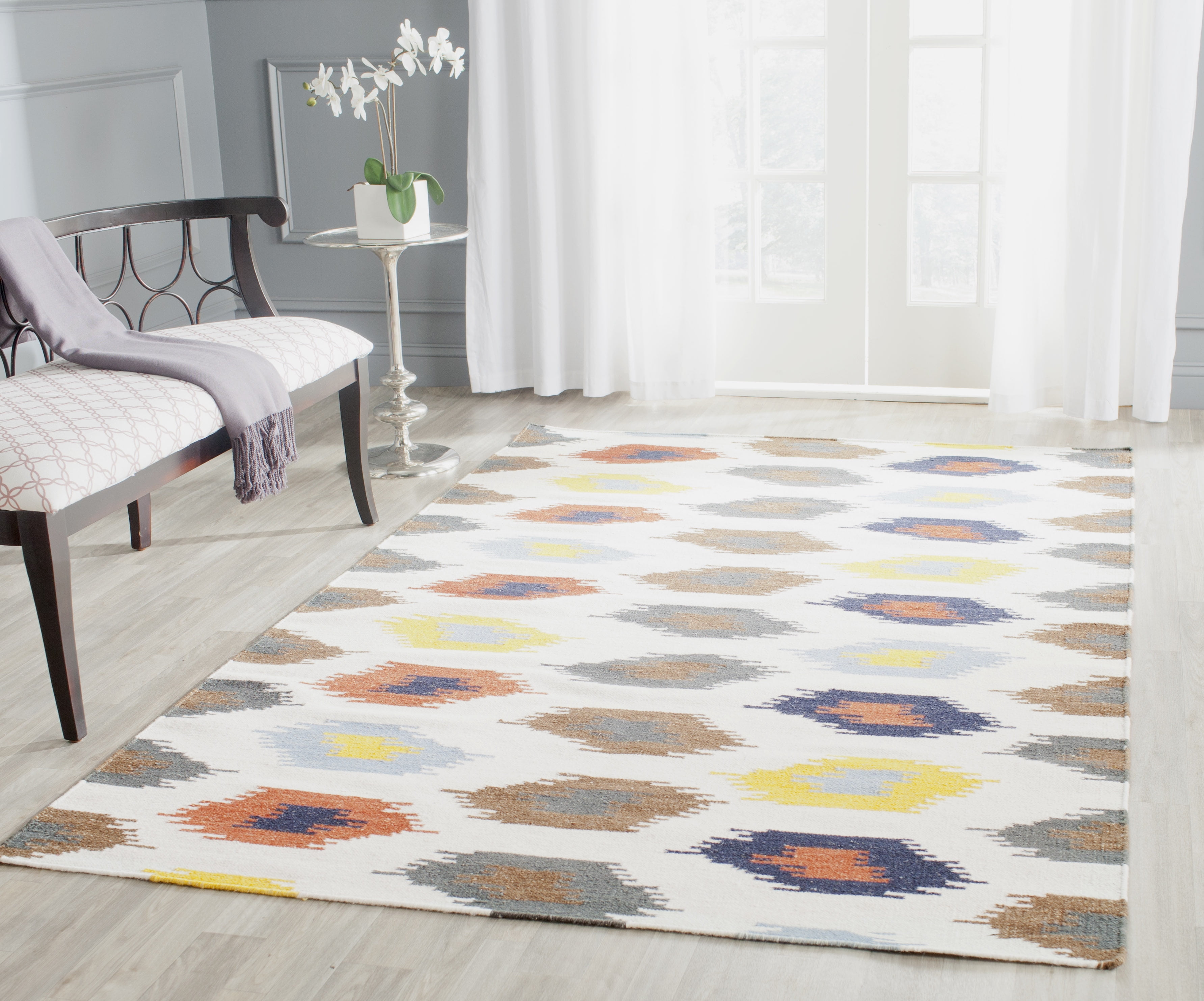 Ivory Geometric Flatweave Wool Rug, Handmade & Reversible, 8' x 10'