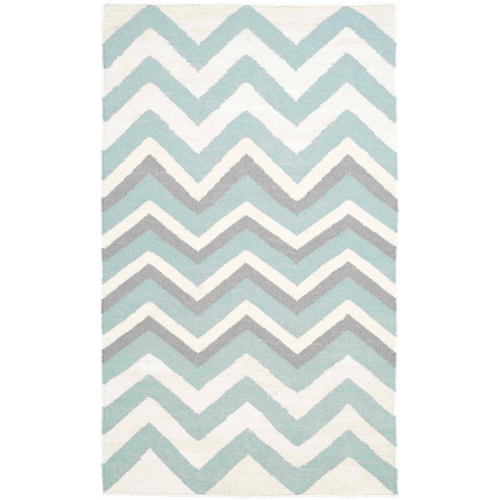 Blue and White Chevron Flat Woven Wool Area Rug, 3' x 5'