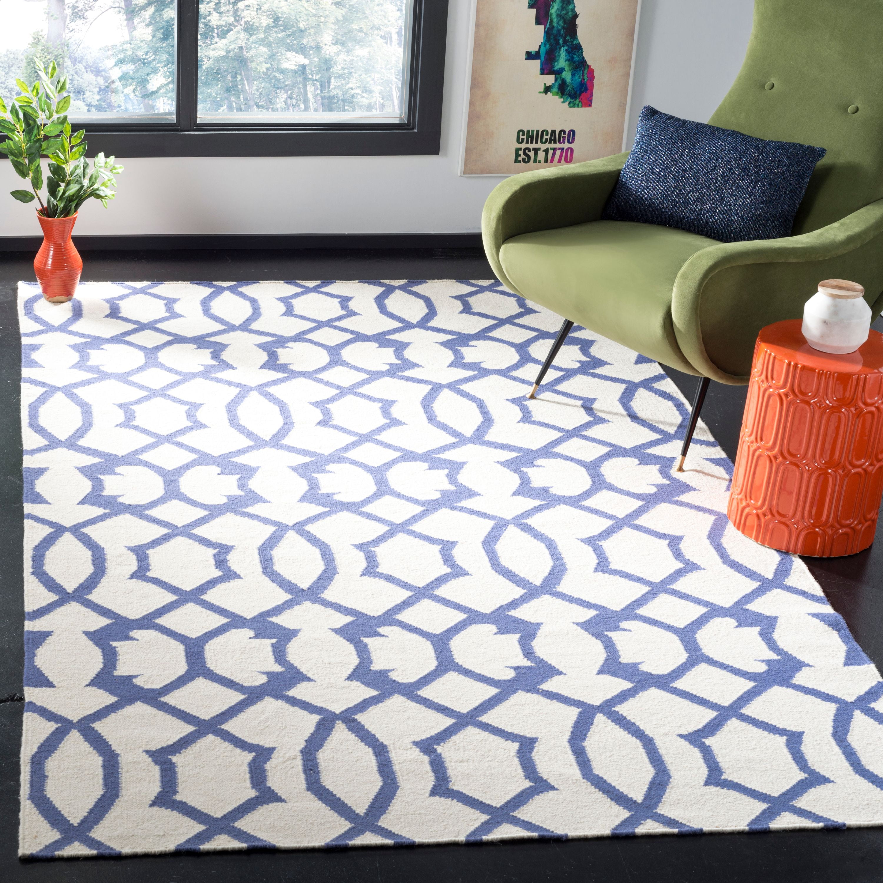 SAFAVIEH Dhurries Selena Geometric Wool Area Rug, Ivory/Purple, 3' x 5'