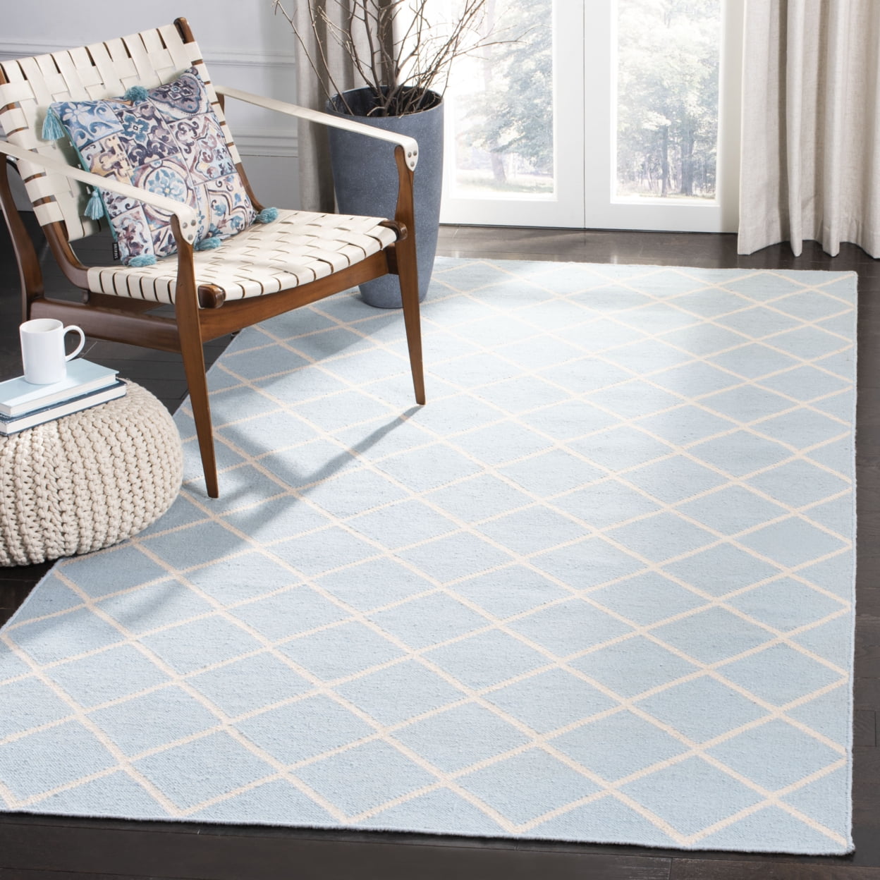 Light Blue and Ivory Geometric Wool Flat Weave Rug, 3' x 5'