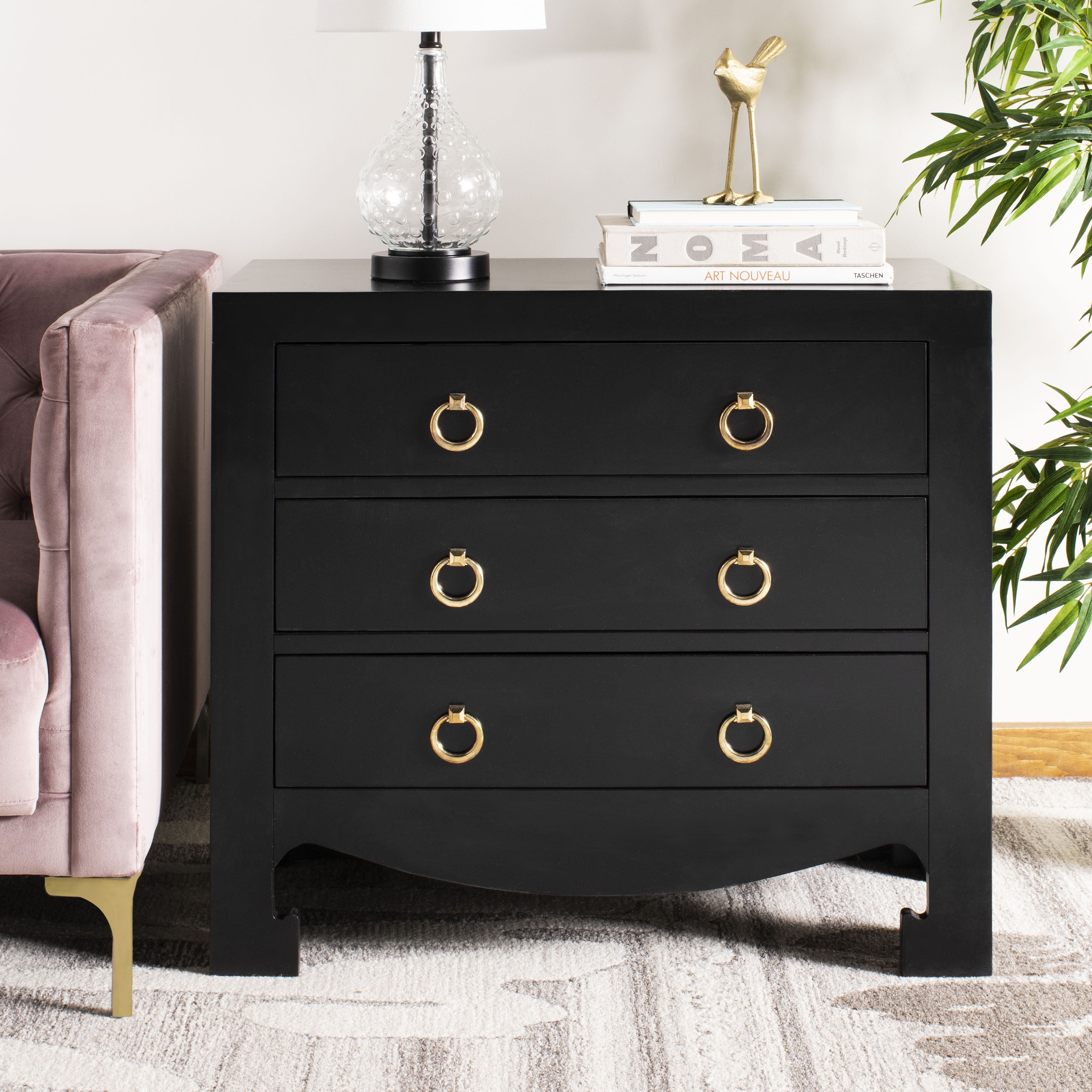 SAFAVIEH Dion 3 Drawer Wood Bedroom Dresser, Lapis Black with Gold