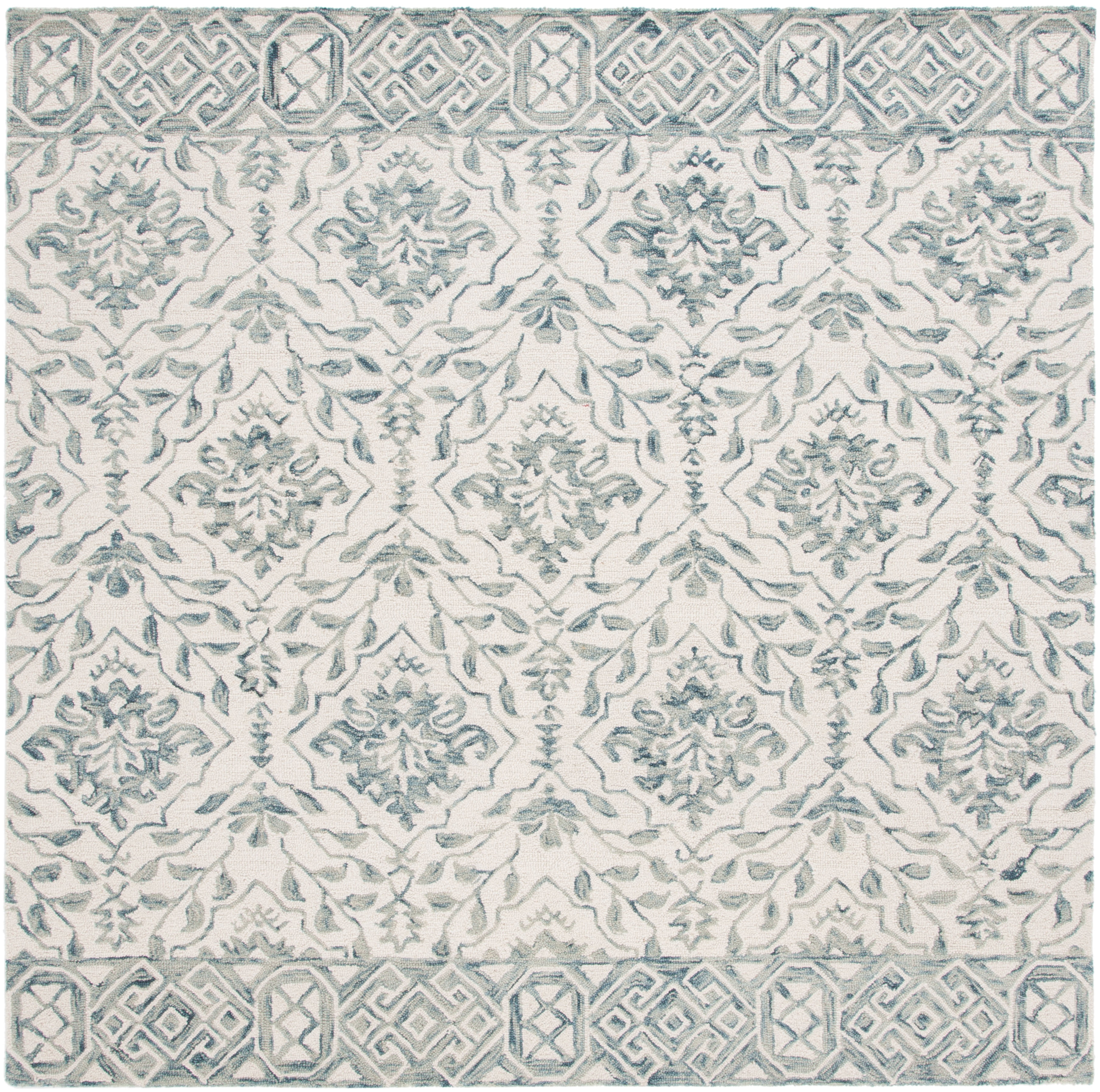 Ivory and Blue Hand-Tufted Wool Square Rug