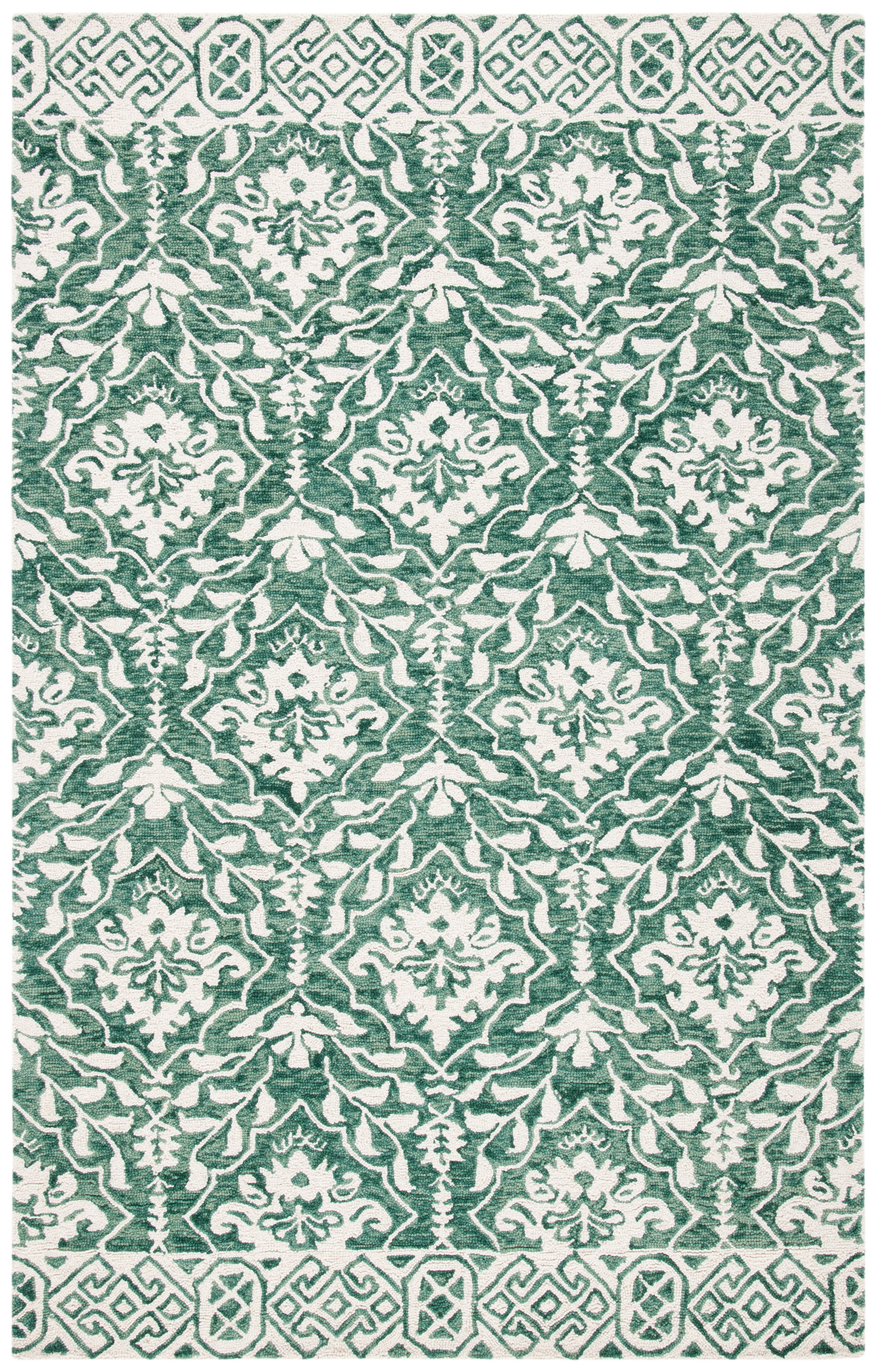 Ivory and Dark Green Wool Tufted Rectangular Area Rug