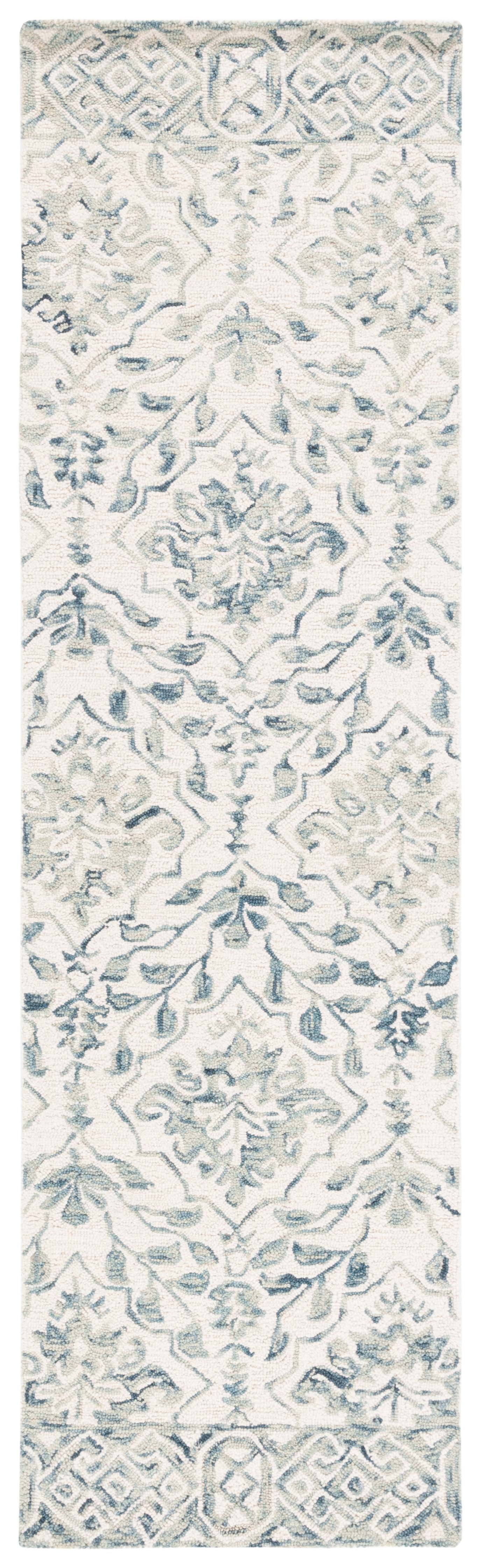Ivory and Blue Geometric Tufted Wool Runner Rug 27"x12"