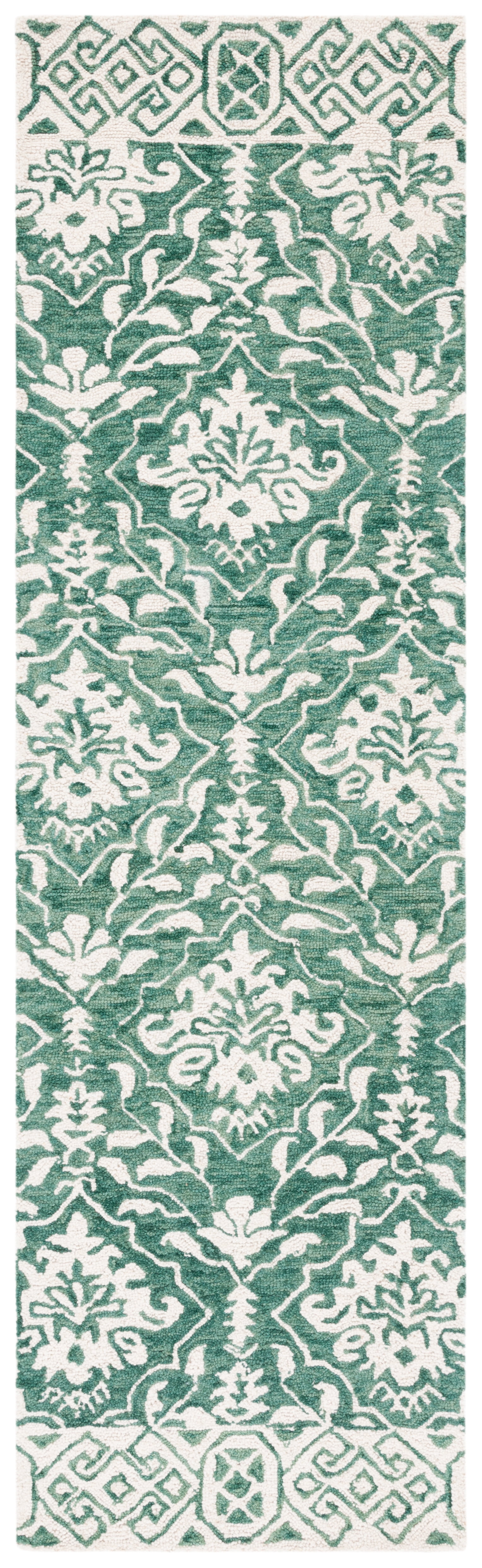 Handmade Dark Green and Ivory Floral Wool Runner Rug