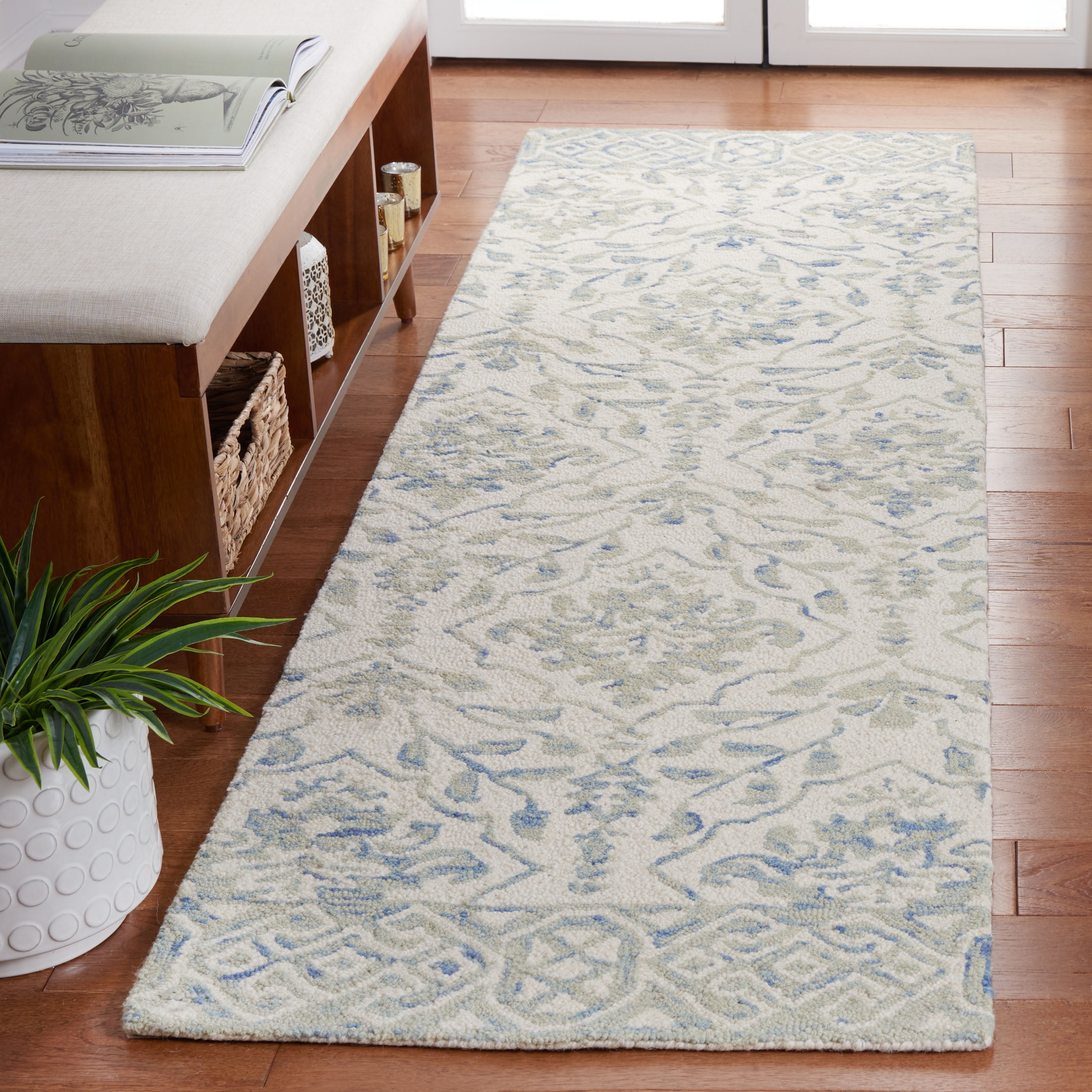 Safavieh Dip Dye Beranadette Floral Wool Runner Rug, Light Blue/Ivory, 2'3" x 18'