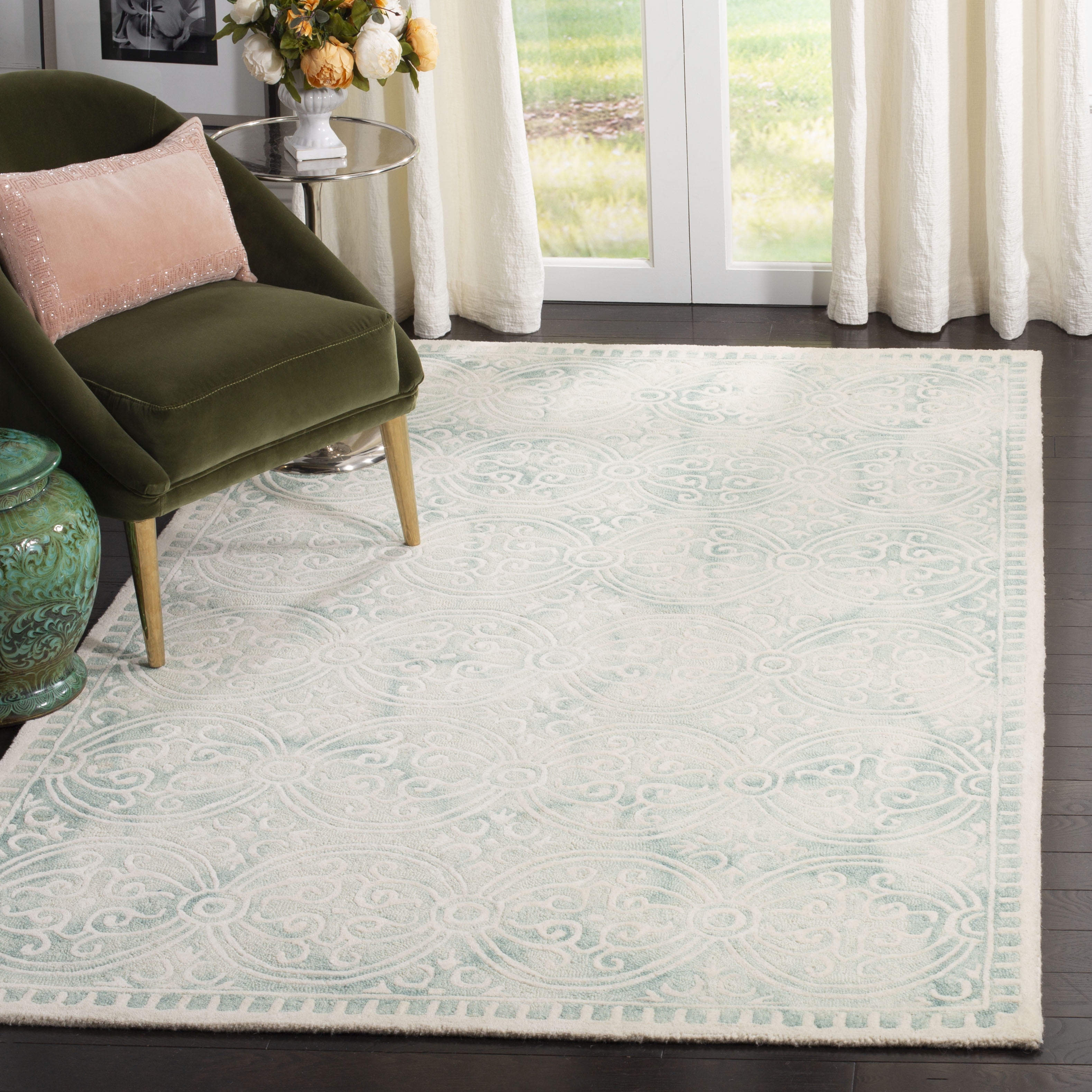 Ivory and Light Green Hand-Tufted Wool Square Rug
