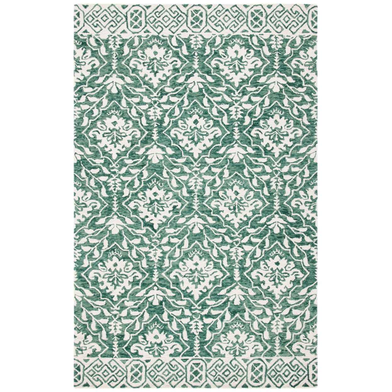 Ivory and Green Hand Tufted Wool Square Rug