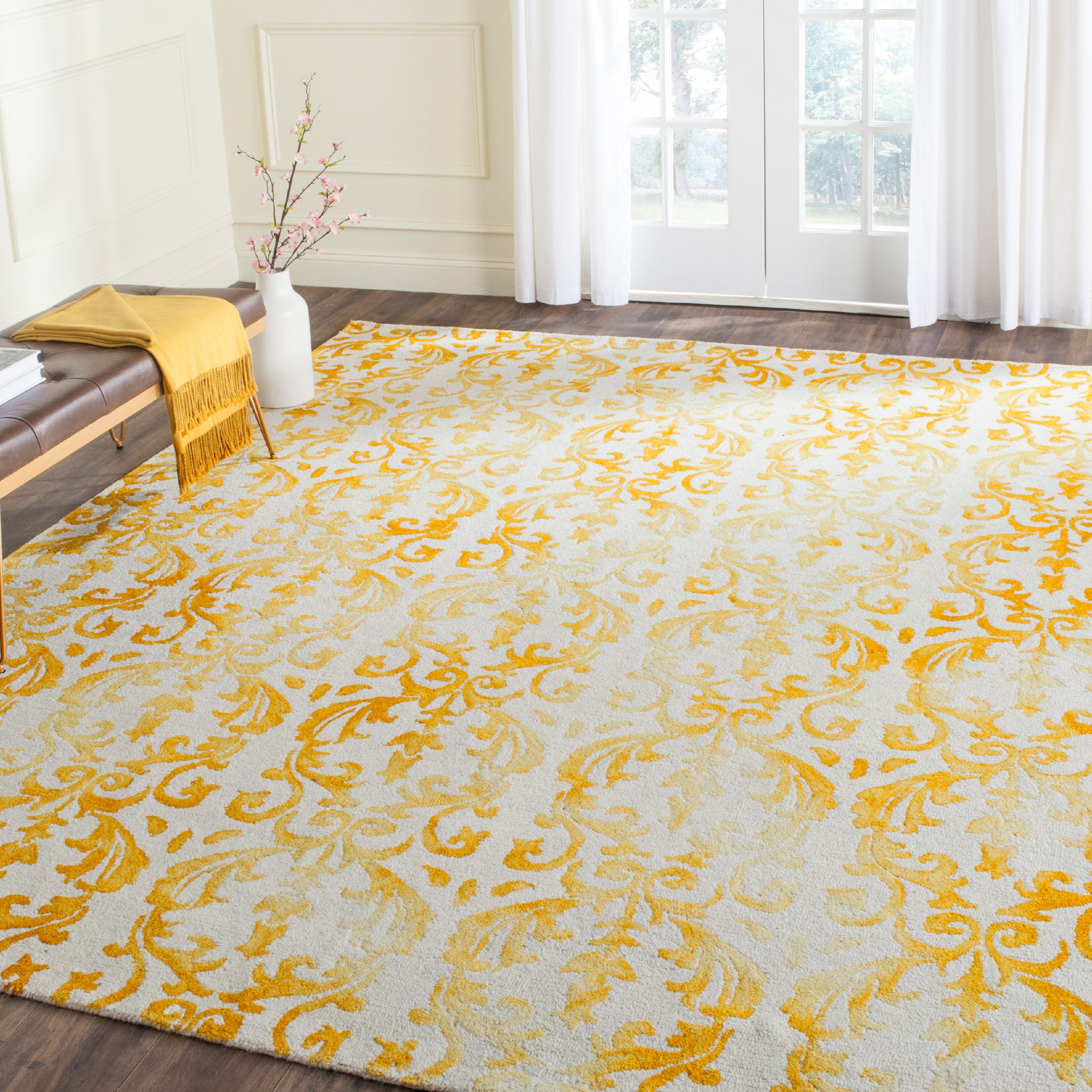 Hand-Tufted Ivory and Gold Wool Square Area Rug, 7'x7'
