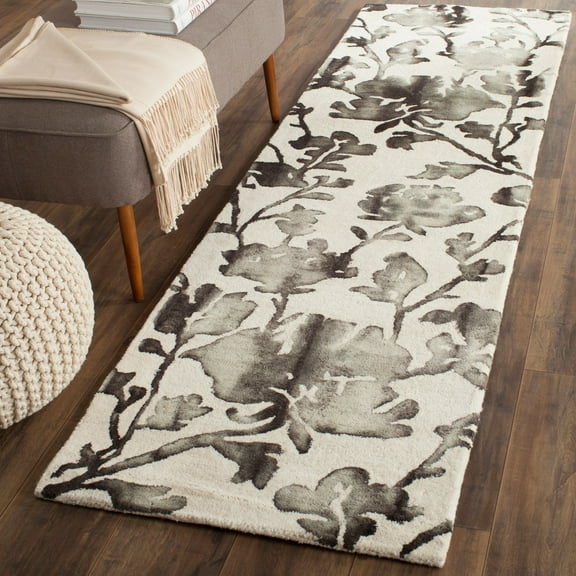 SAFAVIEH Dip Dye Kayla Overdyed Floral Wool Runner Rug, Ivory/Charcoal, 2'3" x 12'
