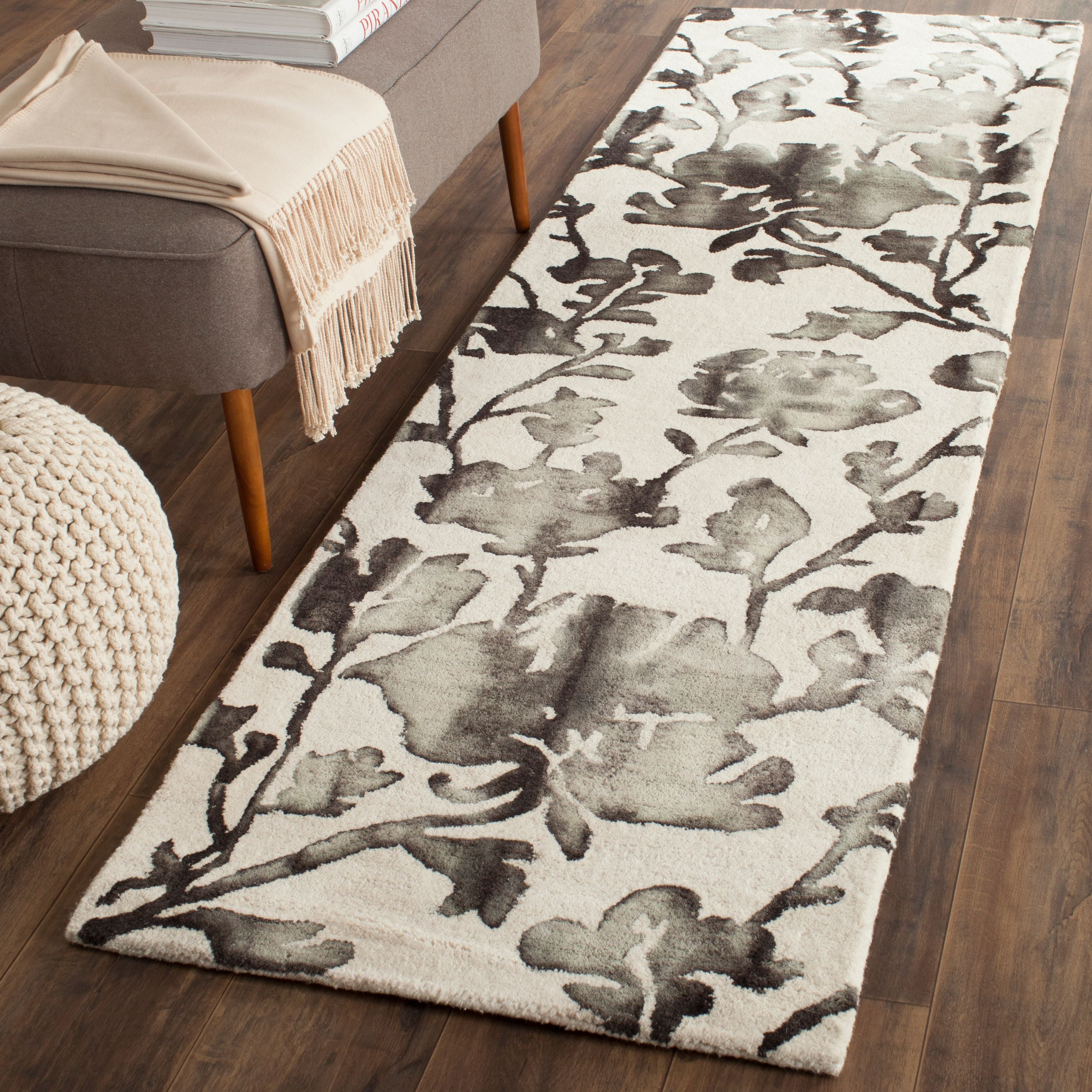 Ivory Charcoal Distressed Floral Hand-Tufted Wool Runner Rug