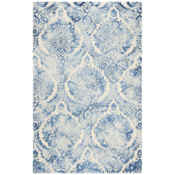 SAFAVIEH Dip Dye Langdon Overdyed Damask Wool Area Rug, Blue/Ivory, 5' x 8'