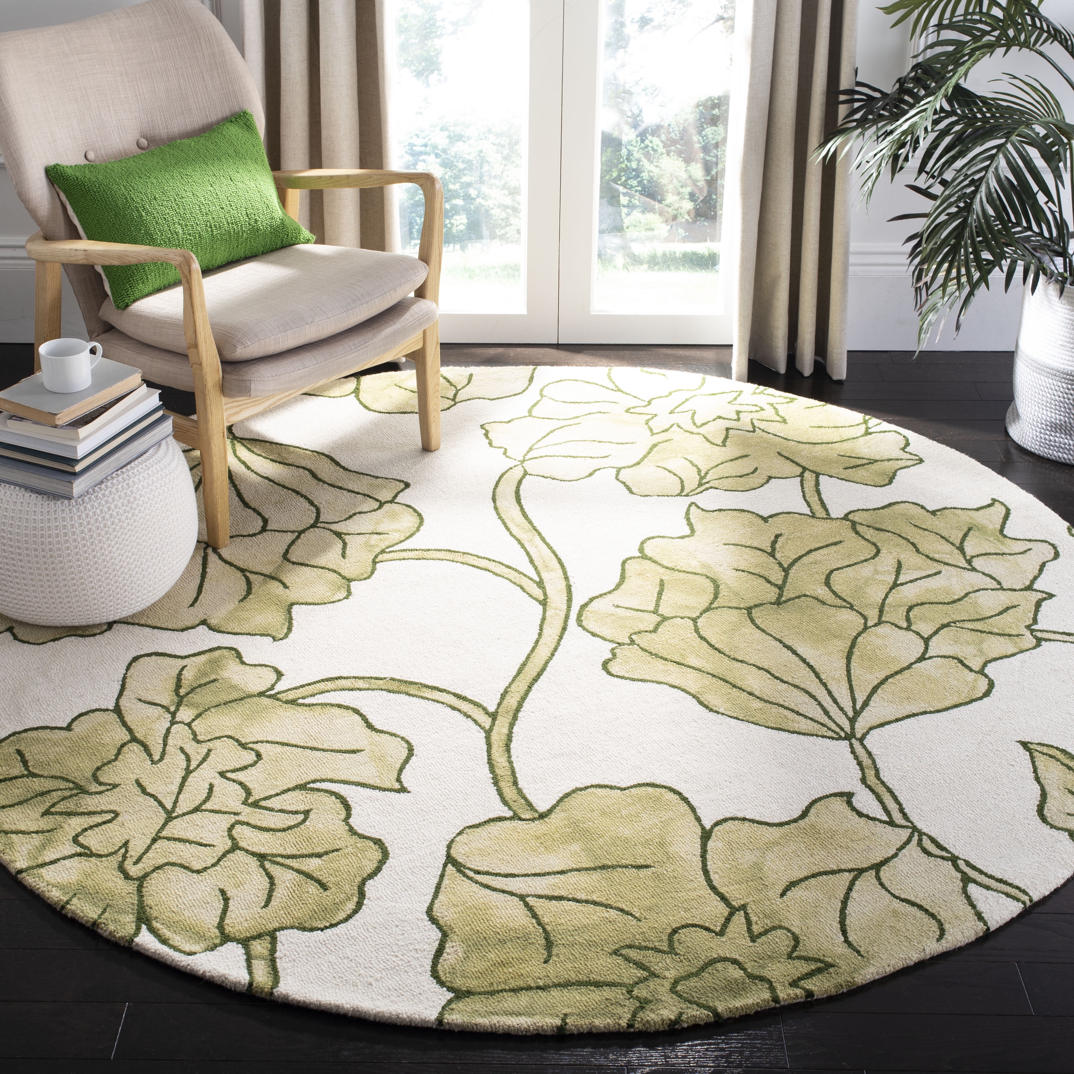 Ivory and Light Green 7' Round Hand-Tufted Wool Area Rug