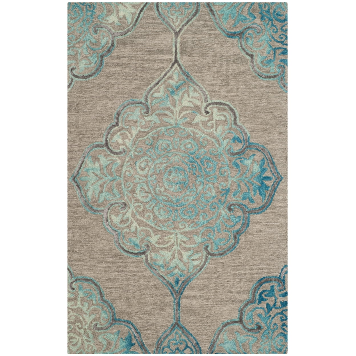 Handmade Tufted Floral Grey & Turquoise Wool-Silk Round Accent Rug