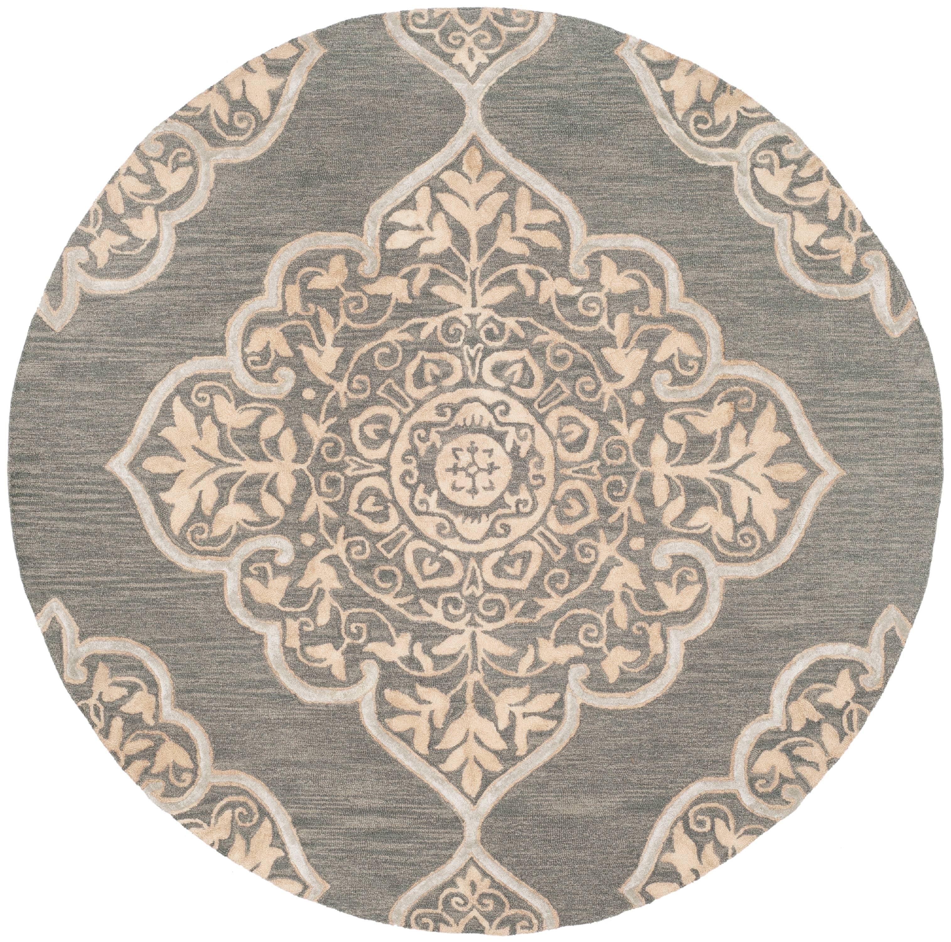 Handmade Blue Floral Wool Round Tufted Rug