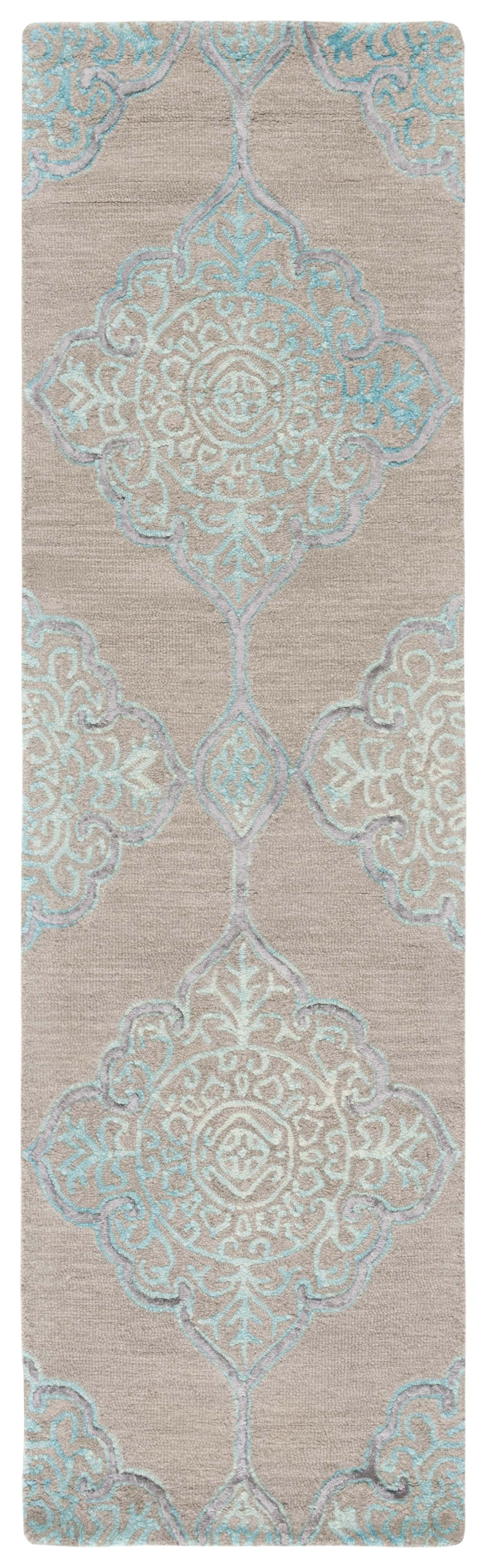 Gray and Turquoise Hand Tufted Wool Silk Runner Rug
